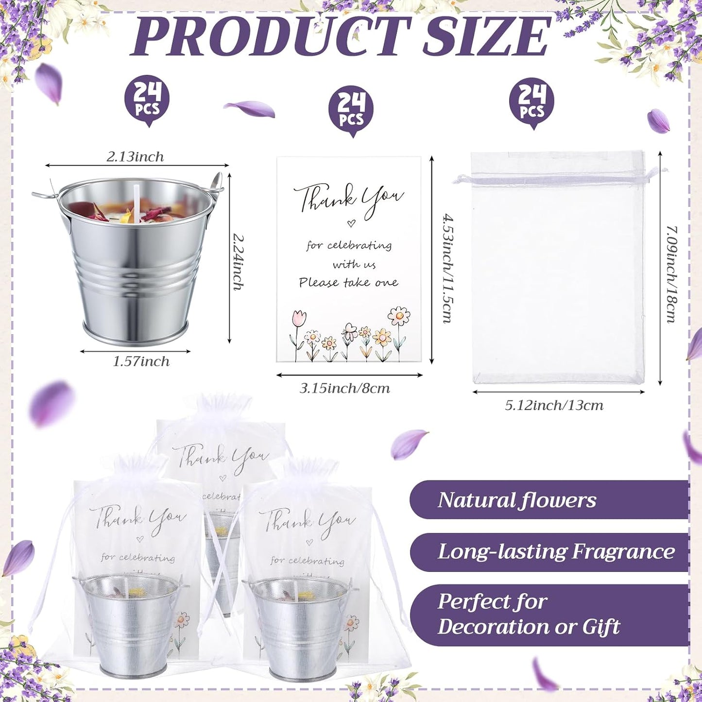 Treela 24 Sets Scented Candle Gift Mini 1.8 oz Lavender Soy Wax Iron Bucket Aromatherapy Candle with Dried Flower Thank You Card for Baby Shower Bridal Wedding Birthday Party Favor Guest