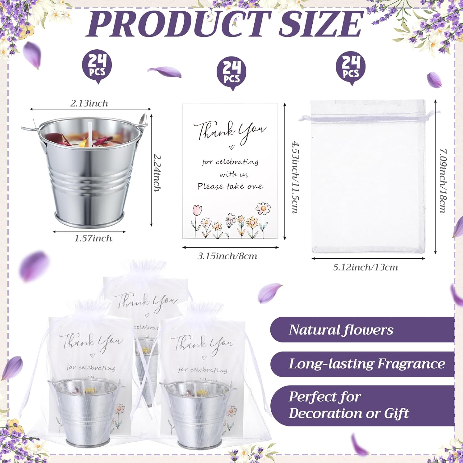 Treela 24 Sets Scented Candle Gift Mini 1.8 oz Lavender Soy Wax Iron Bucket Aromatherapy Candle with Dried Flower Thank You Card for Baby Shower Bridal Wedding Birthday Party Favor Guest