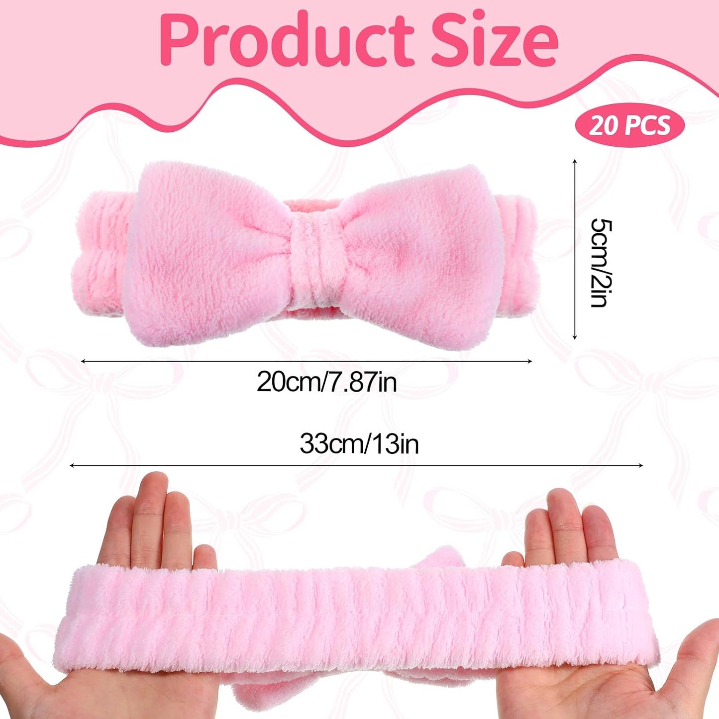 20 PCS Spa Headband Bulk, Pink Spa Headbands for Women, Hair Band for Washing Face Beauty Shower Skincare, Elastic Bowknot Make up Headband