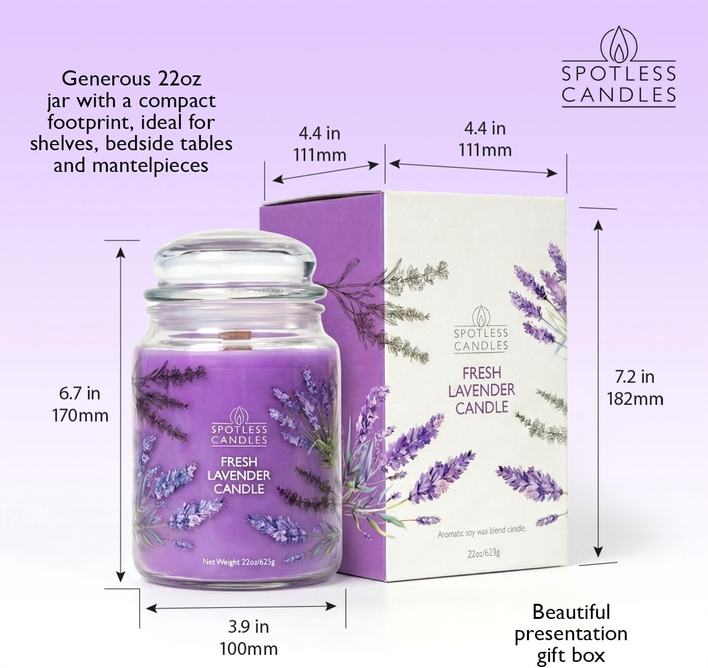 Lavender Candle 22oz: 130 Hours Burn Time, Large Jar Candle with Wooden Wick in a Decorated Jar with a Luxury Gift Box and Protective Shipper by Spotles Candles