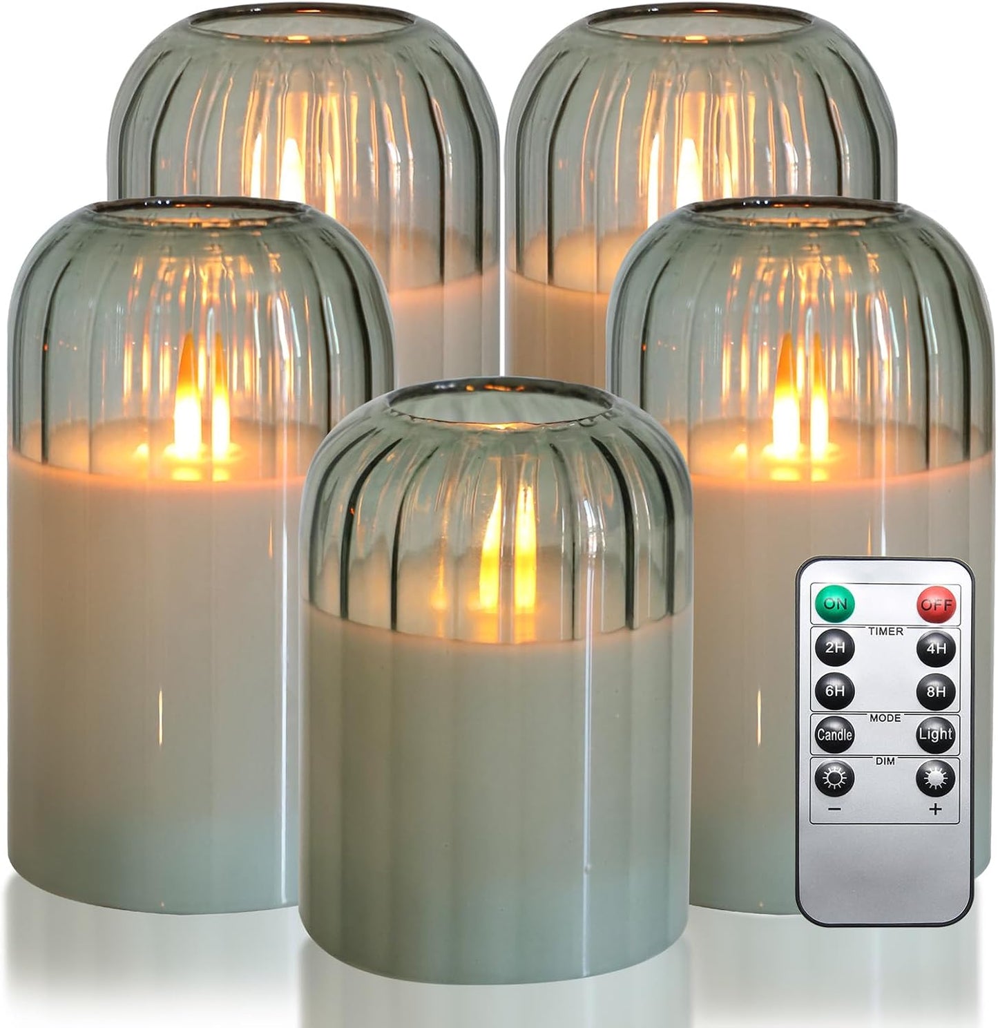MUMCHASI Green Flameless Battery Operated Candles with Remote, Set of 5 Glass Jar LED Candles with Dancing Flame, Flickering Electric Candlelight for Home Wedding Party Decor H4”5”5”6" 6”