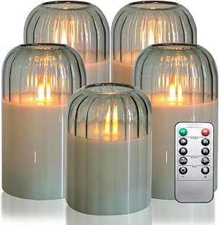 MUMCHASI Green Flameless Battery Operated Candles with Remote, Set of 5 Glass Jar LED Candles with Dancing Flame, Flickering Electric Candlelight for Home Wedding Party Decor H4”5”5”6" 6”