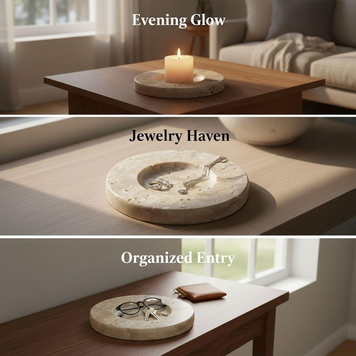 2 Pcs Travertine Marble Candle Holders, European Style, 3.93 in Round Hand-Polished Decorative Trays for Aromatic Wax, Jewelry Display, Storage, Unique Retro Decor