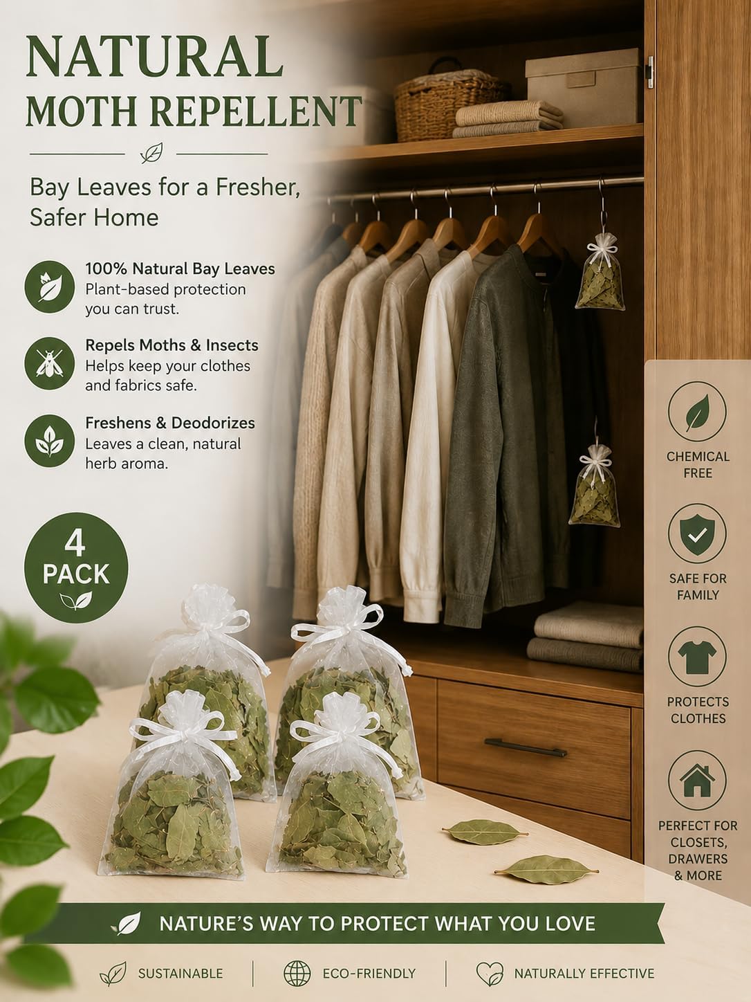 Golden Bay, Natural Dried Bay Leaves, 2.82 oz (80 g), Mediterranean Aroma for Pantry, Closet and Kitchen Freshness, 100% Pure Laurel Leaf Fragrance for Home and Storage Spaces