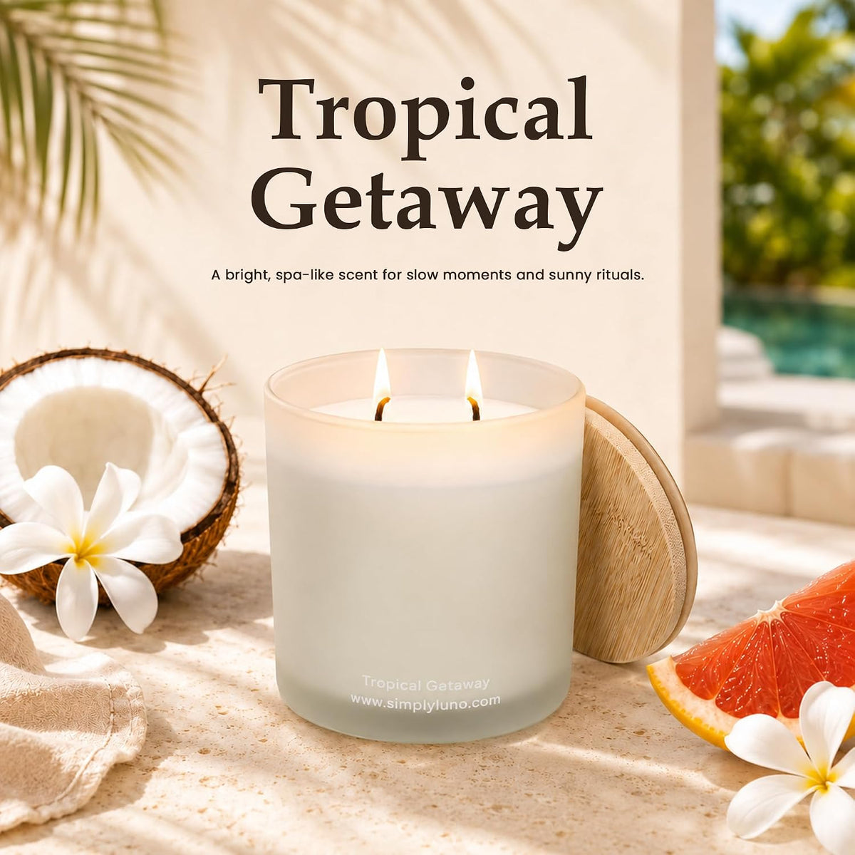 Tropical Getaway Coconut &amp; Grapefruit Scented Candle | 14oz Soy Wax | 50+ Hour Long Lasting Burn | Reusable Glass Candle Jar with Bamboo Lid &amp; Eco Friendly Gift Box |Luxury Scented Candle for Home
