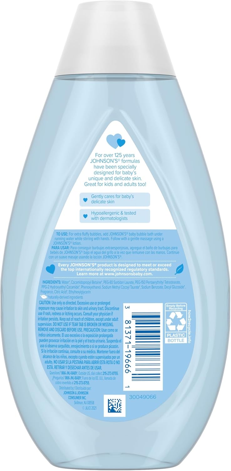 Johnson's Baby Fluffy Bubbles Bubble Bath, No More Tears, Gently Cleanses Delicate Skin Without Feeling Dry, Hypoallergenic, No Added Parabens, Sulfates & Dyes, 13.6 fl. oz (Pack of 2)