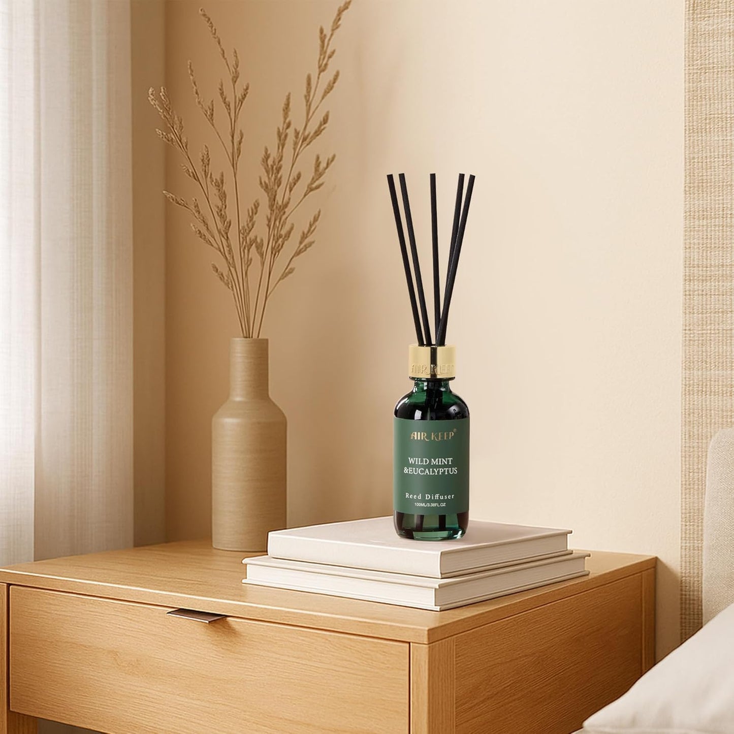 Airkeep Reed Diffuser Set, 3.38 fl oz (100 ml) - Wild Mint&Eucalyptus Oil Diffusers with 8 Reed Sticks, Home Fragrance Reed Diffuser for Bathroom Shelf Decor