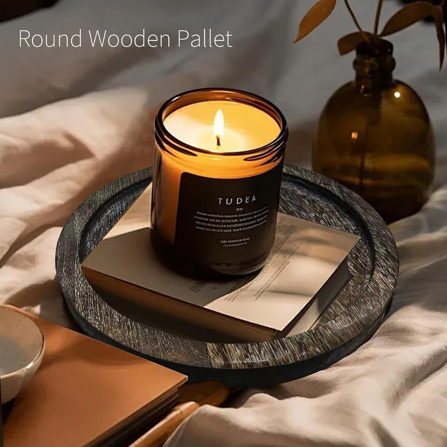 Candle Plate Holder Tray: Round Wooden Decorative Candle Plate Small Farmhouse Table Centerpiece Rustic White Wood Tealight Pillar Trays for Home Decor (Distressed)