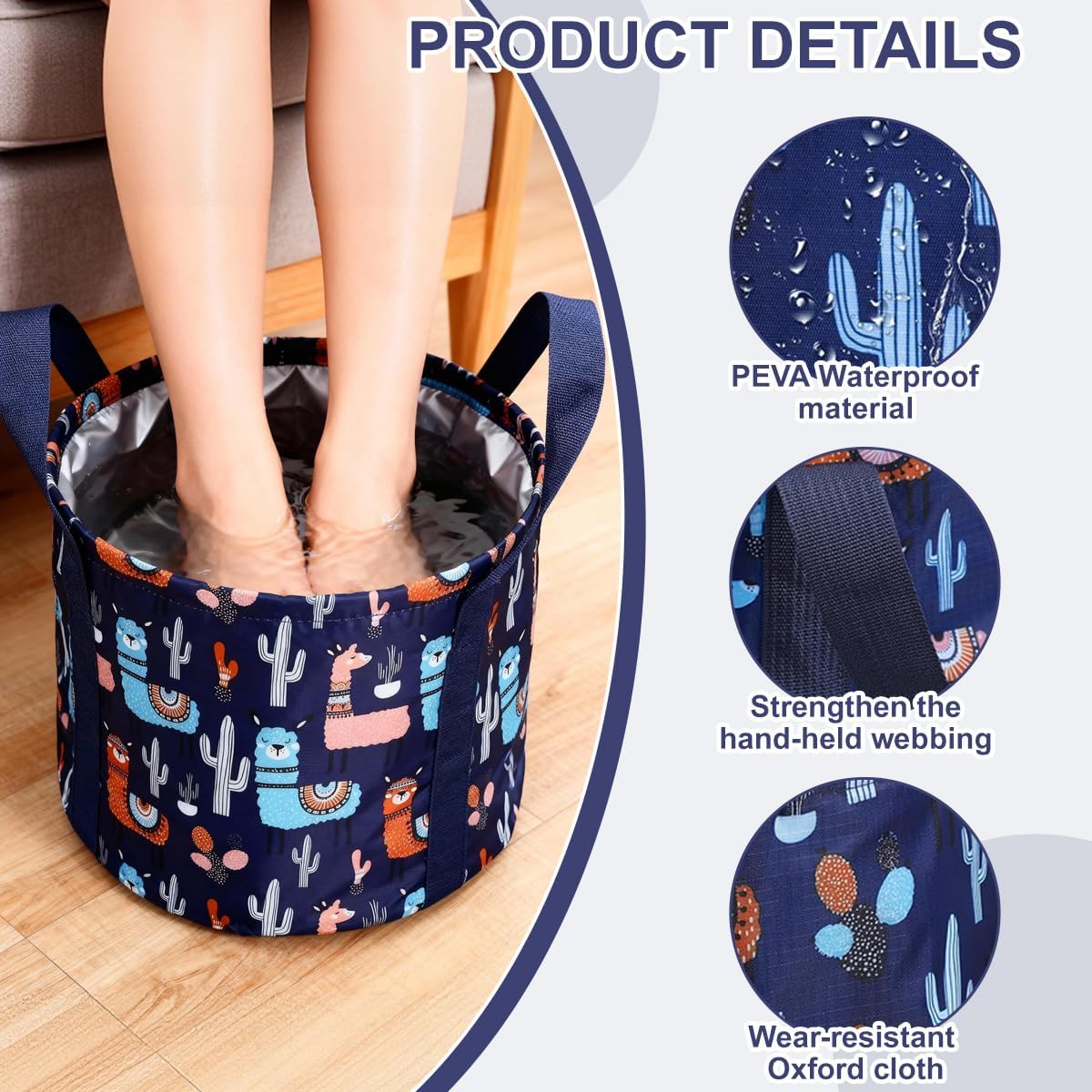 15L 10.6×7.1in Oxford Fabric Collapsible Foot Soaking Tub, Navy Blue Foldable Foot Bath Basin with Handles, Multi-Function Foot Spa Bucket for Home, Travel, Camping & Outdoor