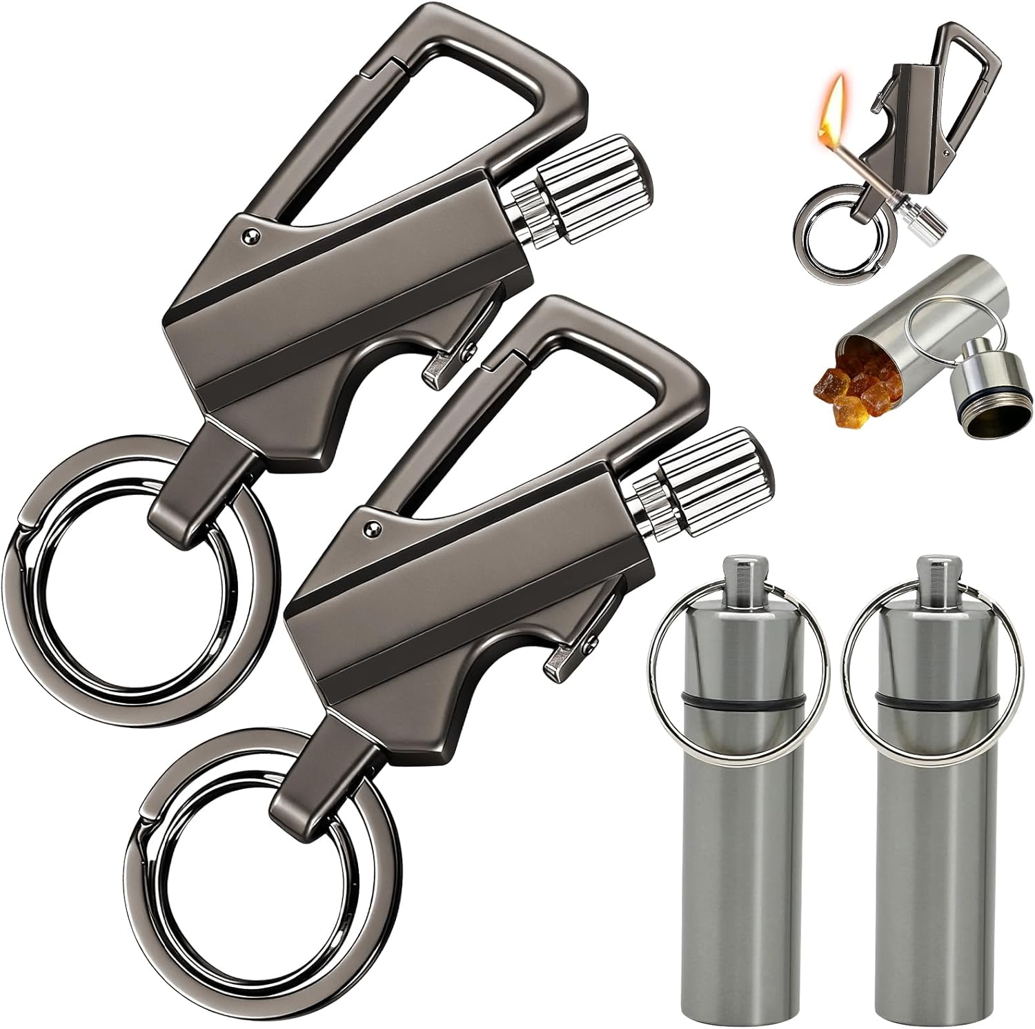 2 Pack Permanent Match Infinity Lighter with Tinder Storage Canister, Multitool Keychain Bottle Opener, Reusable Waterproof Match Strike Anywhere, Forever for Outdoor Survival, for Men Women