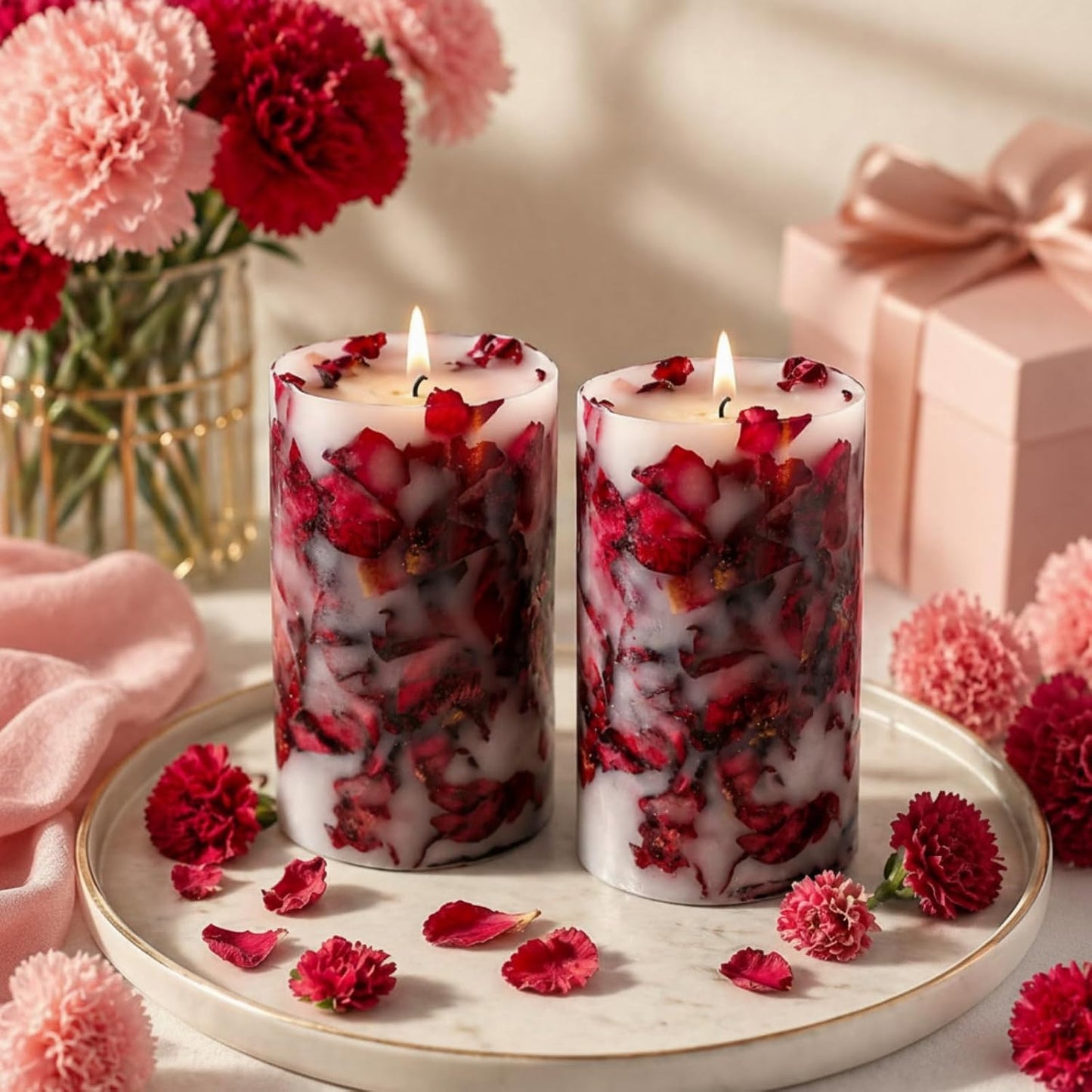 Nuanchu 2 Pcs Rose Petal Scented Pillar Candles - Dried Flower Infused Soy Wax Candles, Burning Candle for Home Decor, Wedding, Romantic Night, Birthday, Anniversary, Gifts for Women