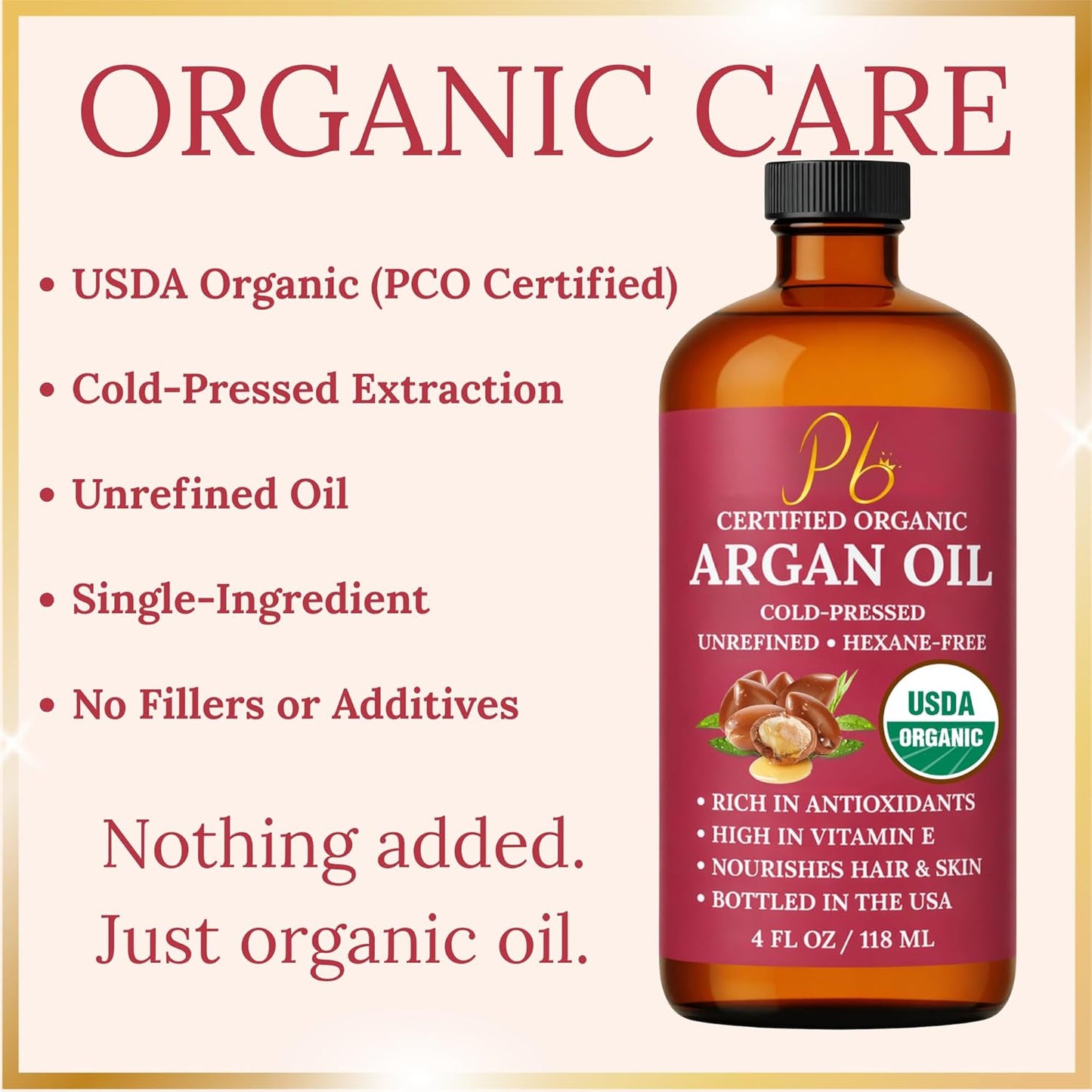 Argan Oil – 100% Pure, Cold-Pressed & Unrefined USDA Organic Moroccan Argan Oil for Hair, Face & Skin, Organic Argan Oil Hair Treatment for Dry, Damaged Hair- 4 Fl Oz Glass Bottle with Dropper