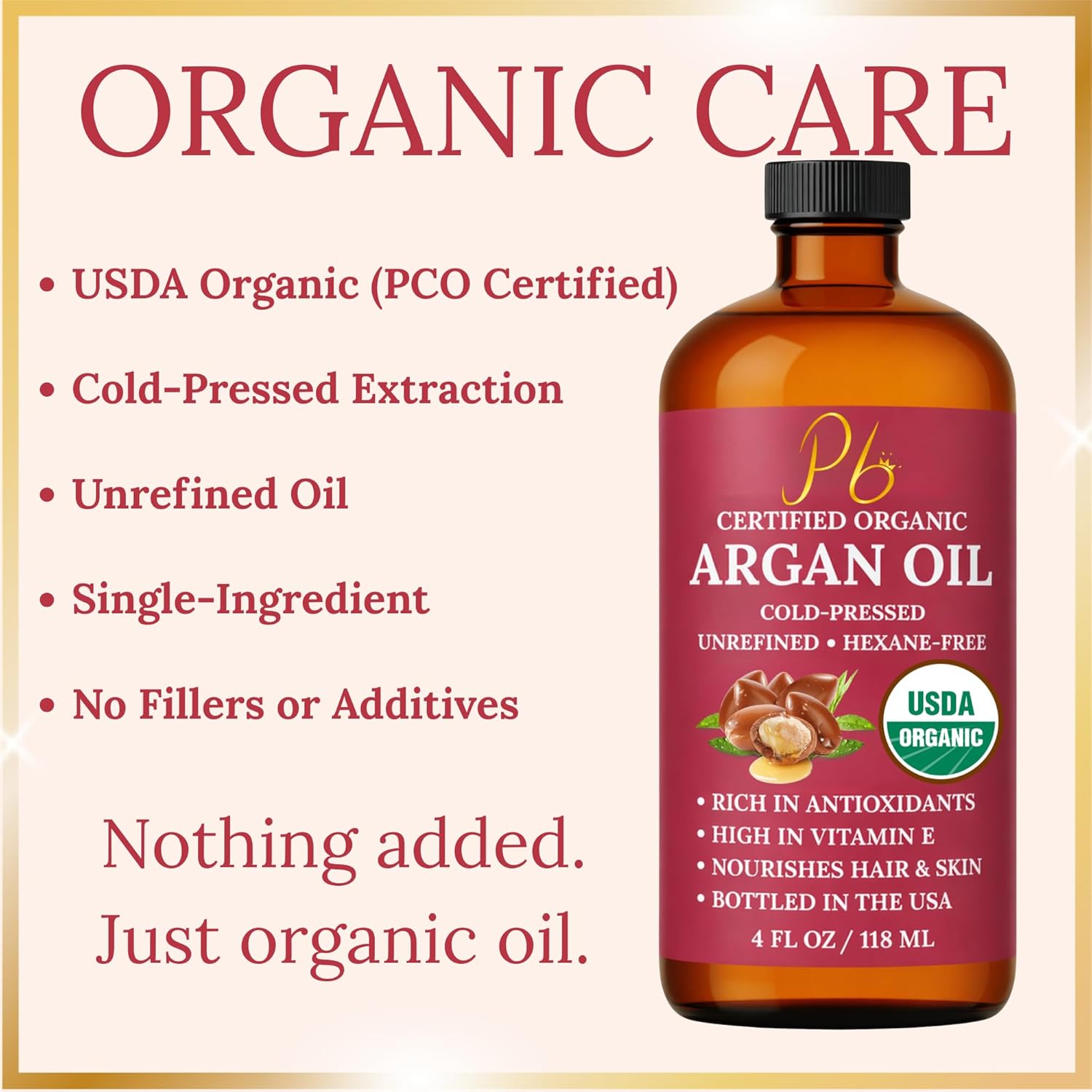 Argan Oil – 100% Pure, Cold-Pressed & Unrefined USDA Organic Moroccan Argan Oil for Hair, Face & Skin, Organic Argan Oil Hair Treatment for Dry, Damaged Hair- 4 Fl Oz Glass Bottle with Dropper