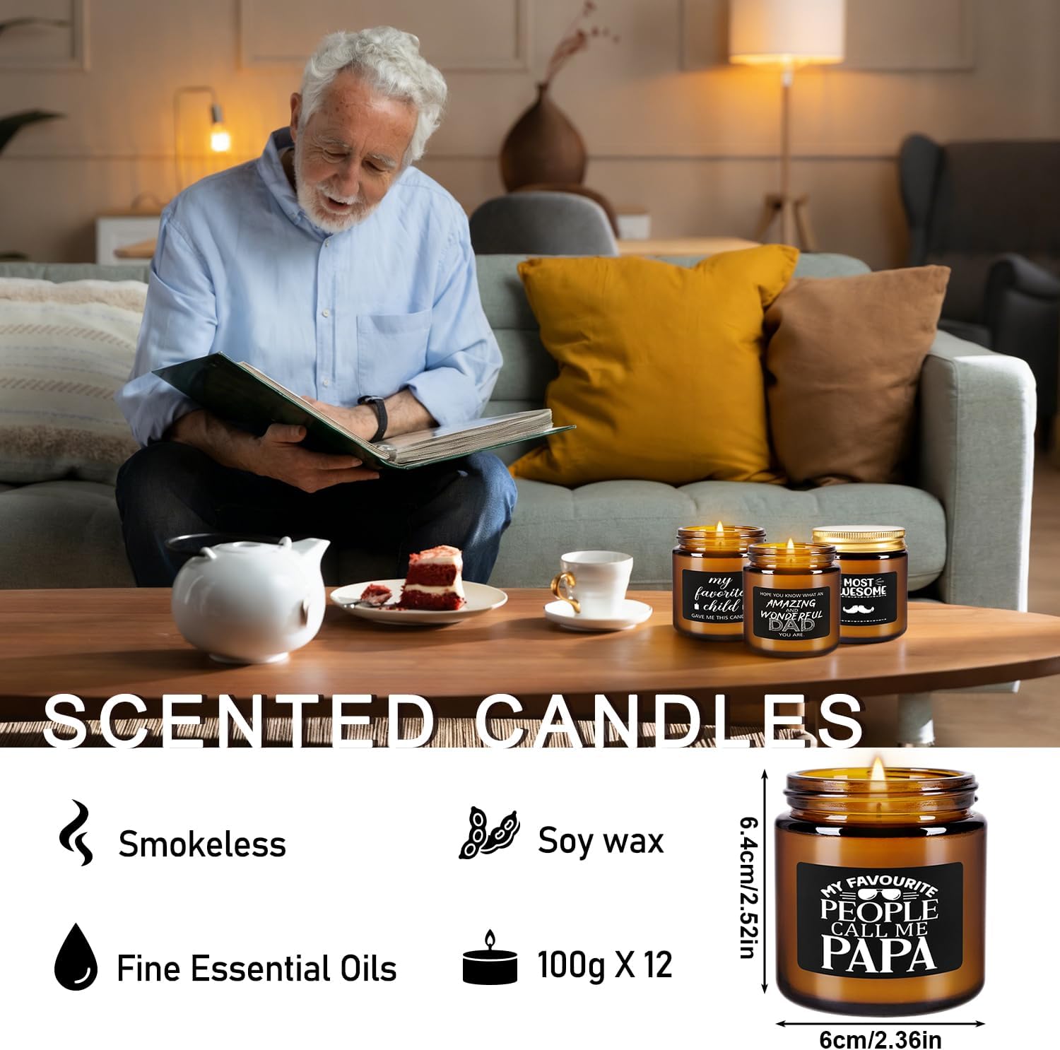12-Pack Amber Jar Father's Day,Scented Candles, Gift for Dad 3.5oz, Natural Soy Wax and Premium Essential Oils. Ideal for Study Home & Office Aromatherapy.