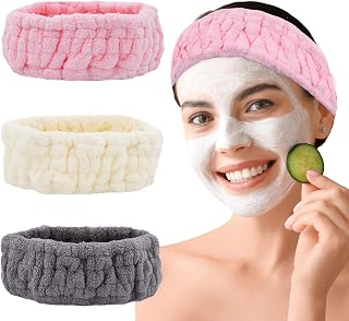 Microfiber Spa Headband 3-Pack, Soft Terry Cloth Headband for Washing Face, Facial Mask, Makeup, Shower, Yoga, Gift for Women and Teens (Gray+Milk White+Pink)