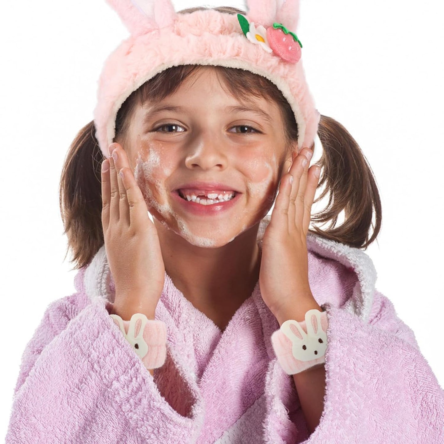 WHAVEL 3PCS Face Wash Headband and Wristband Set, Cute Rabbit Ears Headband for Washing Face Makeup Head band Wrist Towels Arm Bands (pink)