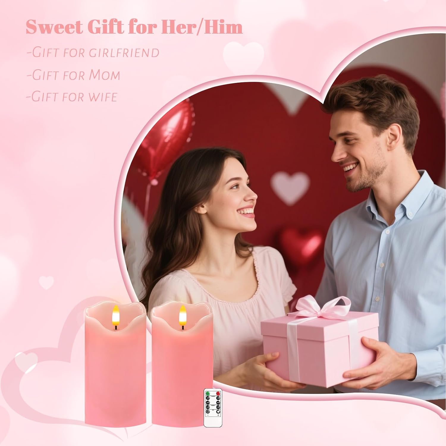 VEEKI Flameless Candles Light, Set of 2 6"x3" Flickering LED Candle with Remote & Timer, Dimmable Electric Pillar Candles Battery Operated, Pink Candles for Valentine's Day Xmas Home Decor (2PC)