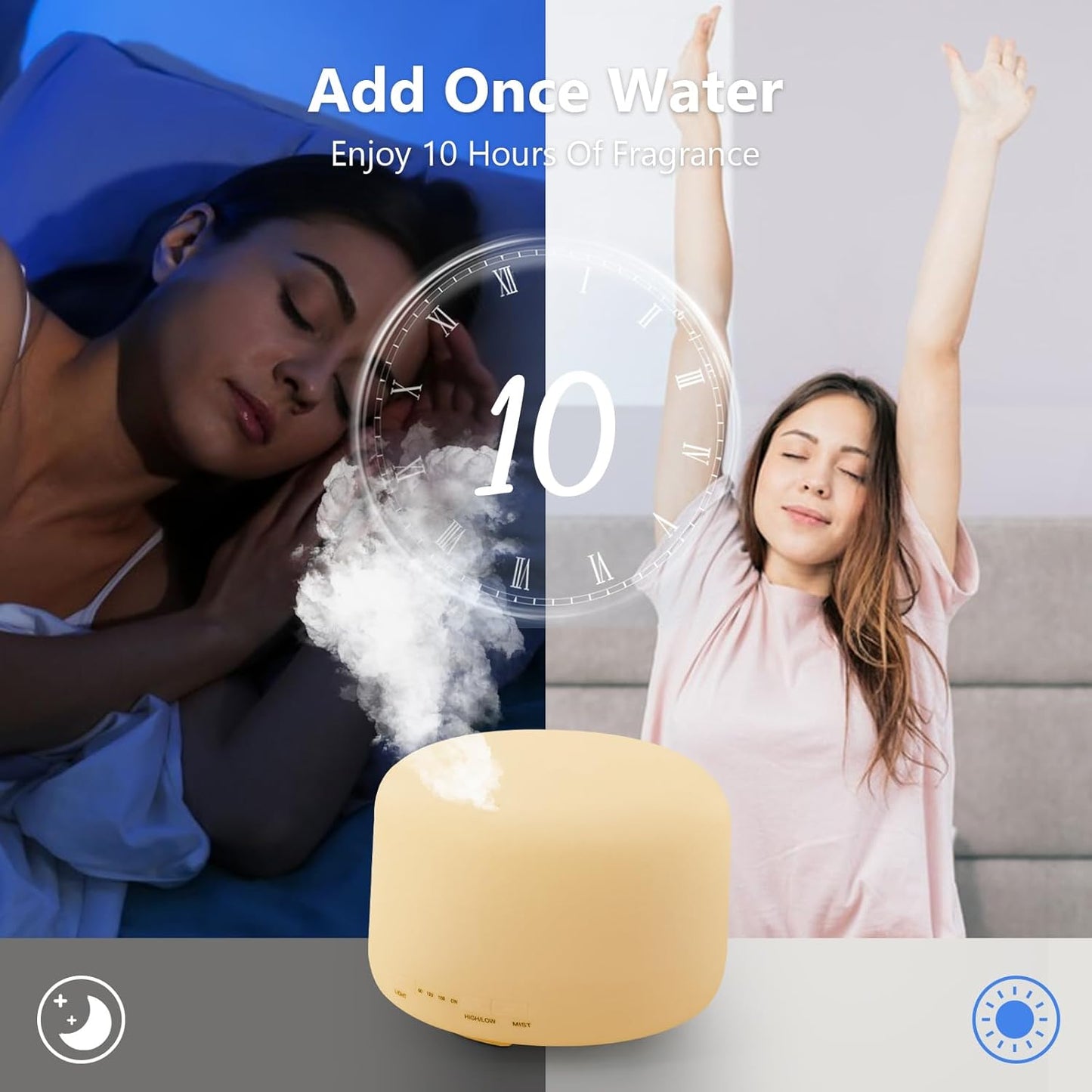 Oil Diffuser, 500ml Essential Oil Diffusers, Aromatherapy Diffuser with 2 Mist Mode 4 Timers＆7 Ambient Light Waterless Auto Off, Diffusers Large Room Home Office