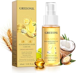 GREEONIL 24K Gold Argan, Coconut, and Olive Oil Serum for Frizz Control, Shine, and Split End Repair - Nourishing Hair Treatment with Vitamin E, 2.02 fl oz, 60ml