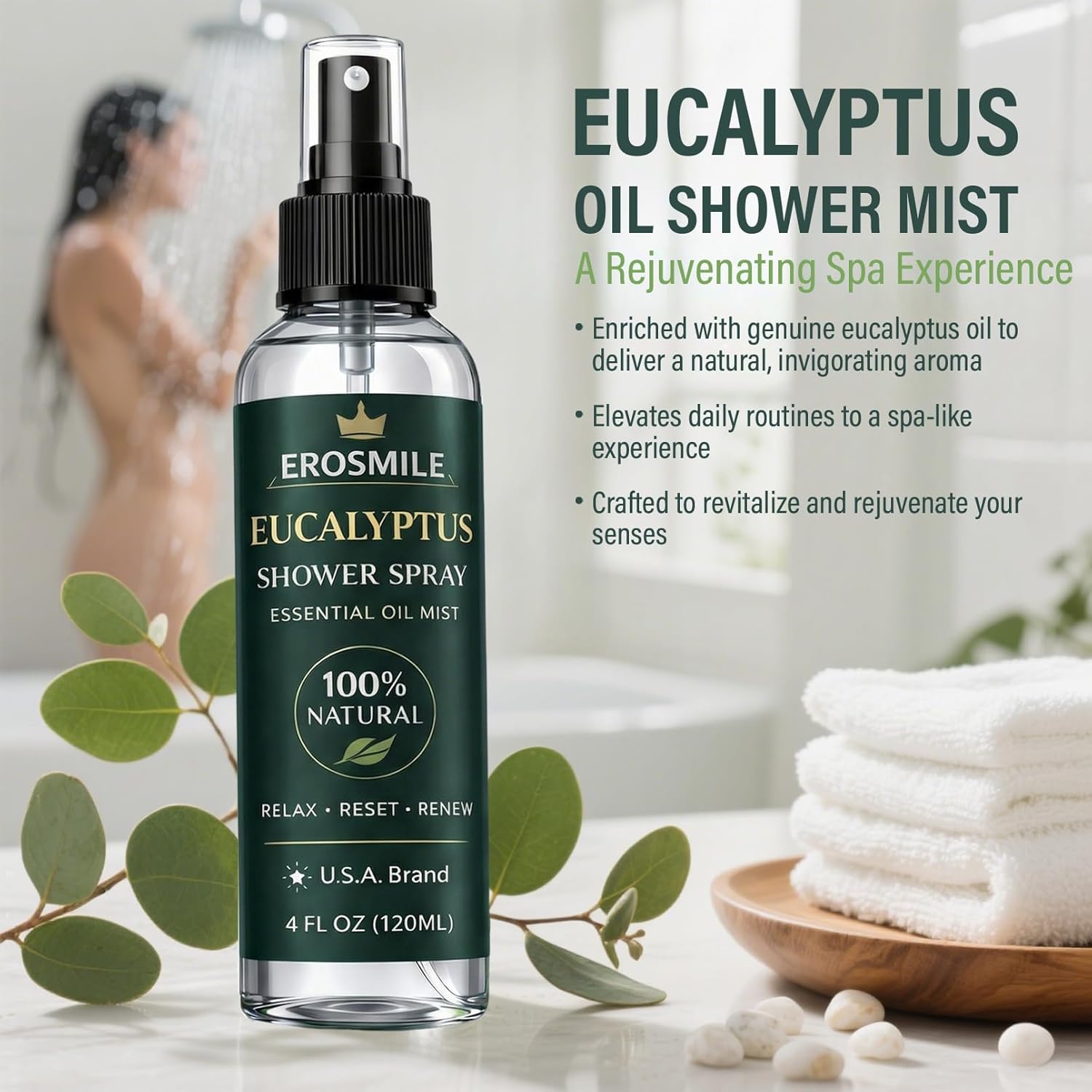 Eucalyptus Shower Spray, Pure Eucalyptus Oil Shower Mist - Sauna and Spa Steam Room Spray, At Home Spa Experience - 6.76 oz