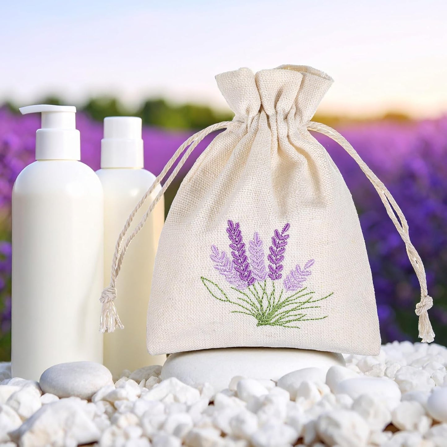10PCS Small Sachet Bags,Sachet Bags Empty for Lavender with Drawstring, Embroidered Canvas Empty Sachets Bag, for Spices, Jewelry, Candy, Lavender Buds, White