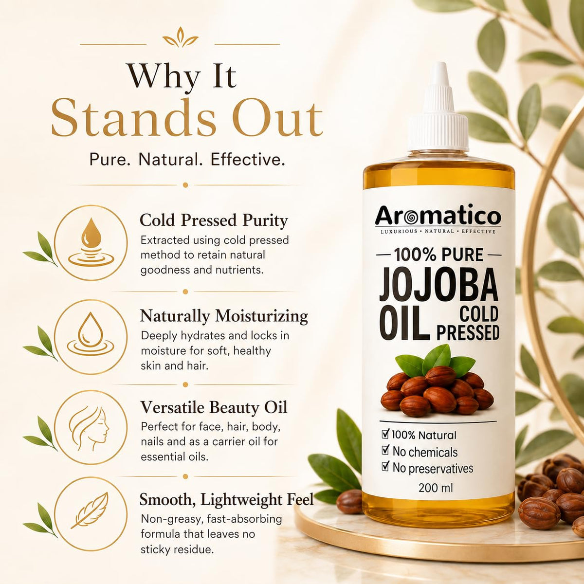 Aromatico Jojoba Oil, Cold Pressed Oil for Hair, Skin &amp; Nails, 7 Fl Oz