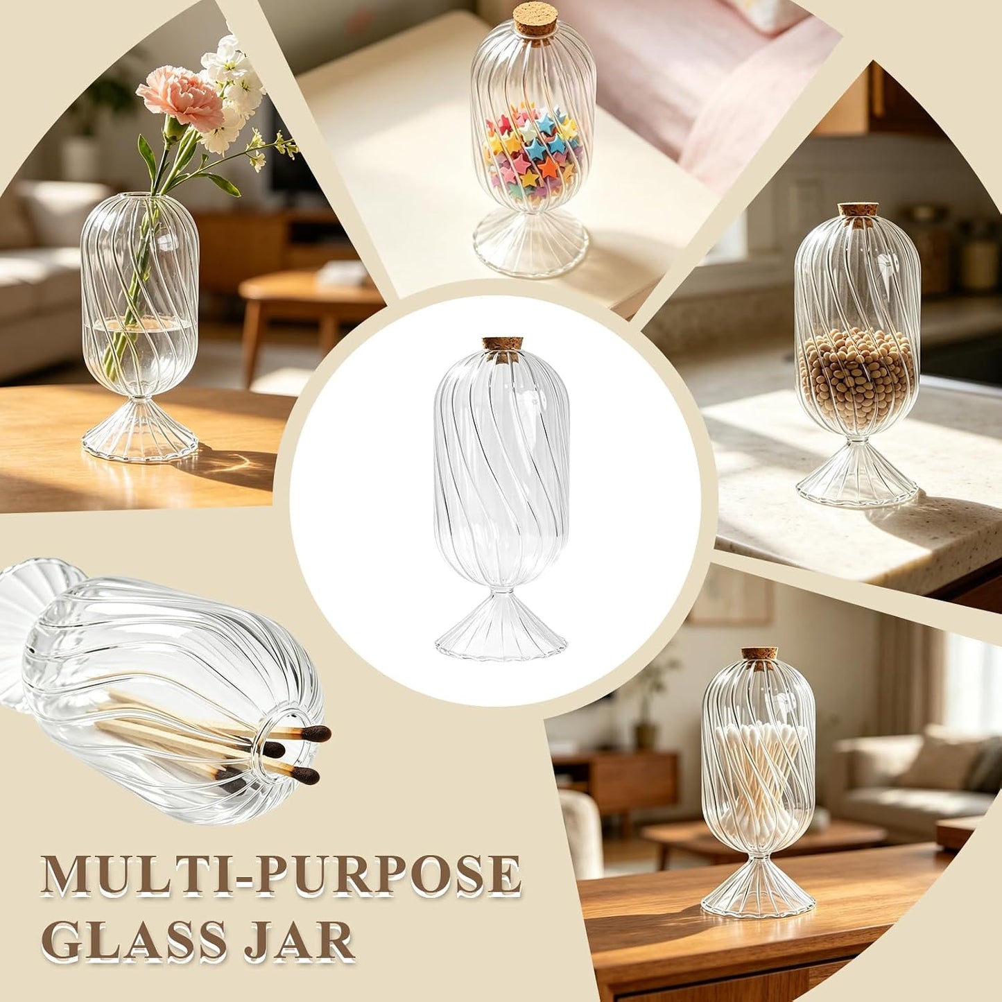 Large Glass Match Holder with Striker, Helix Shaped Clear Match Cloches Glass Long Match Jar Decorative Dome Match Stick Container for 4" Matches Flowers Bathroom Display Decor, Not Include Match