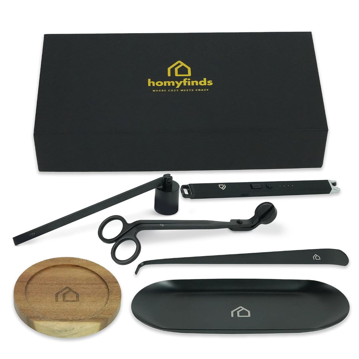 Candle Care & Accessory Set 5-in-1 Wick Trimmer, Snuffer, Wick Dipper, USB Rechargeable Electric Lighter, Acacia Wood Coaster