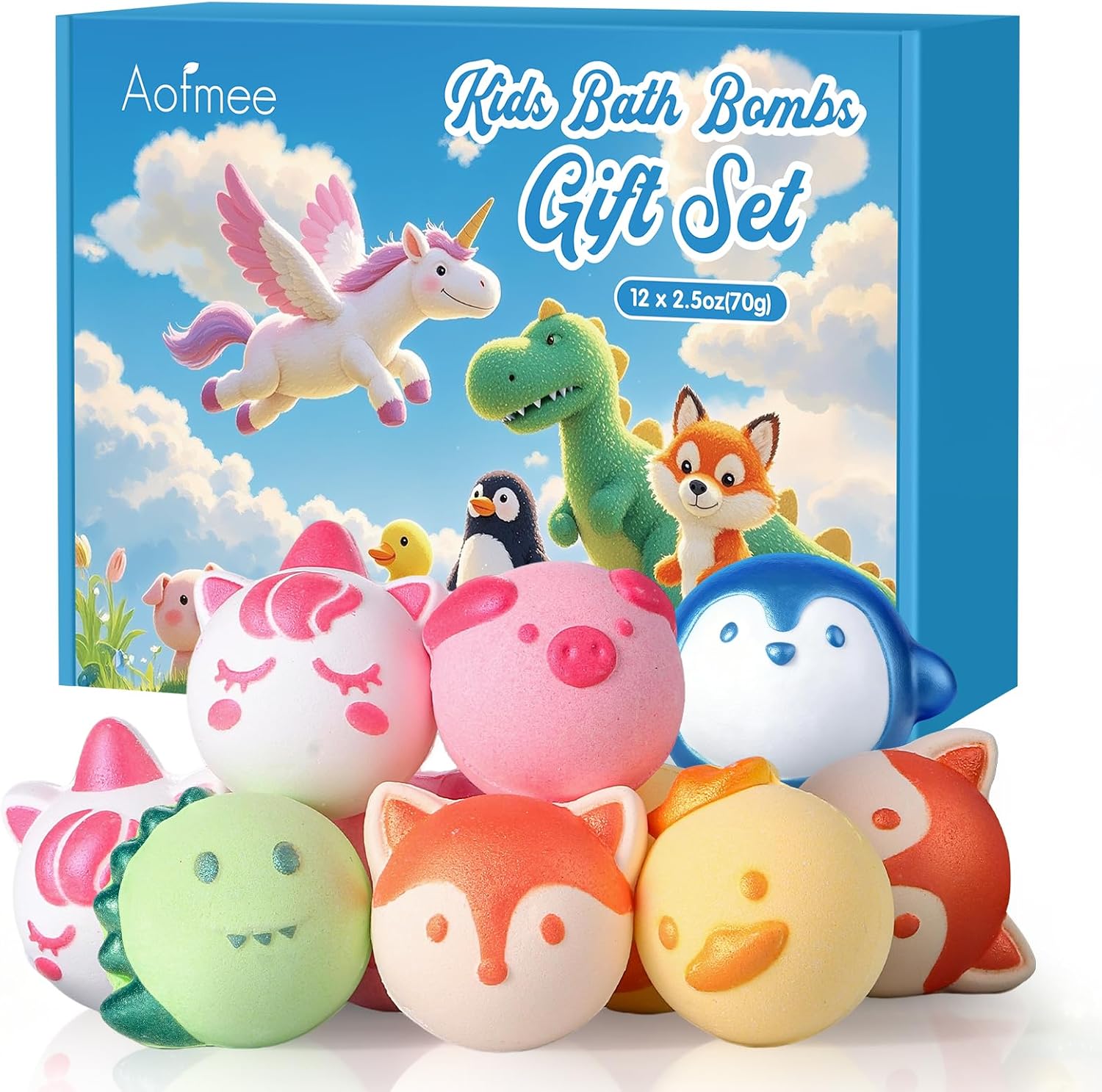 Aofmee Bath Bombs for Kids, 12 Pcs Kids Bath Bombs with Essential Oil, 6 Animal Shapes and Fruity Aroma, Natural Organic Spa Gift Set for Boys Girls, Birthday Christmas Halloween