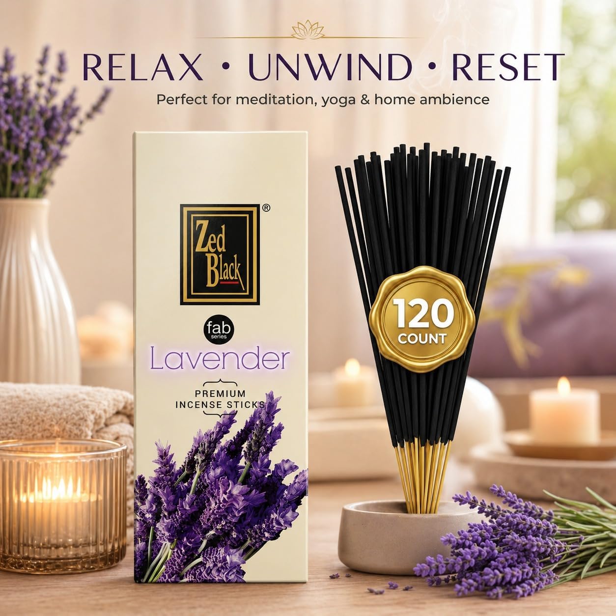 Lavender Incense Sticks 120 Count | Natural Hand-Rolled Aromatherapy Incense for Relaxation, Stress Relief, Meditation, Yoga & Prayer | Long-Lasting Soothing Aroma | Zed Black