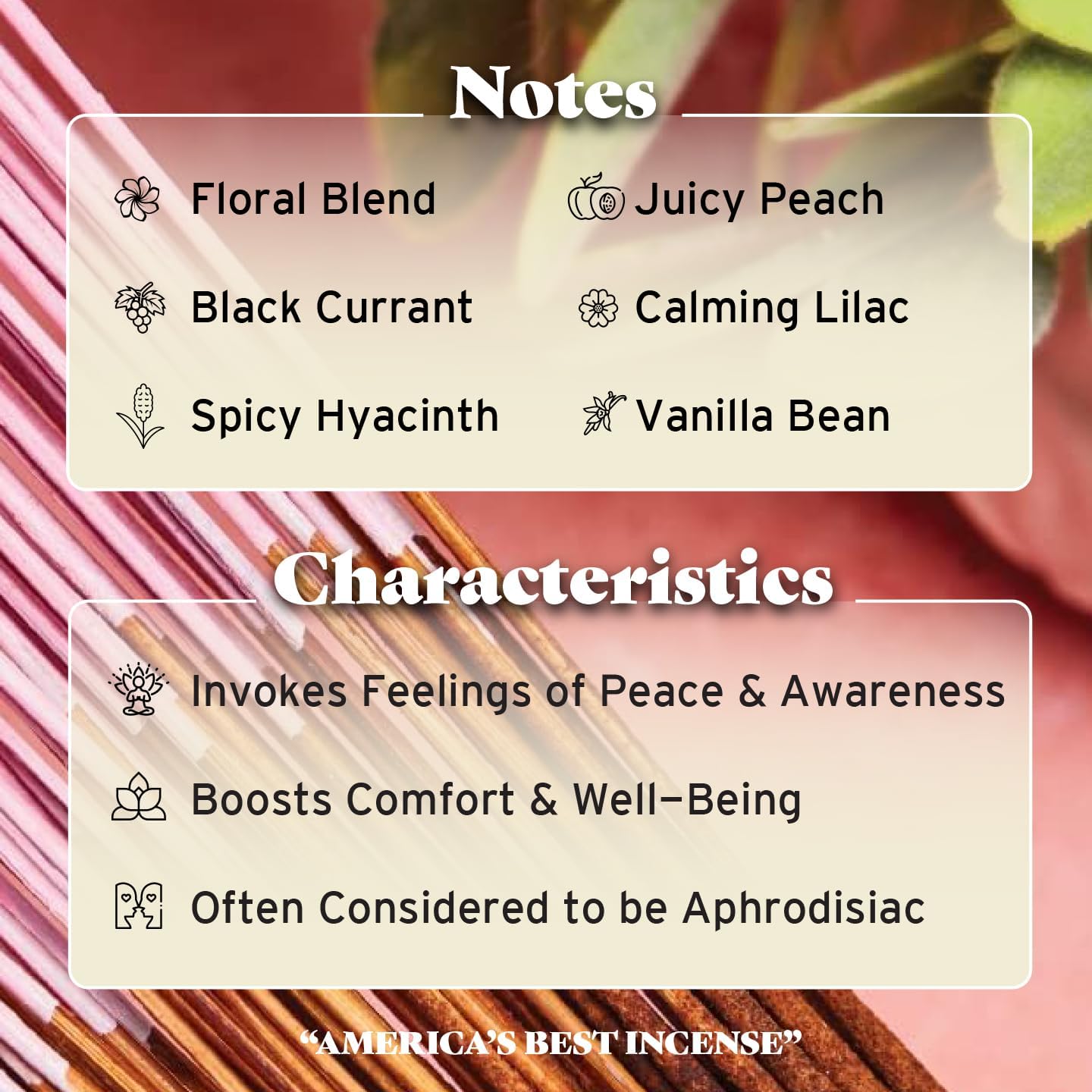 Wild Berry Incense Sticks - Peace of Mind - Serene Floral Blend with Peach and Vanilla - Hand Dipped in The USA (100 Count)