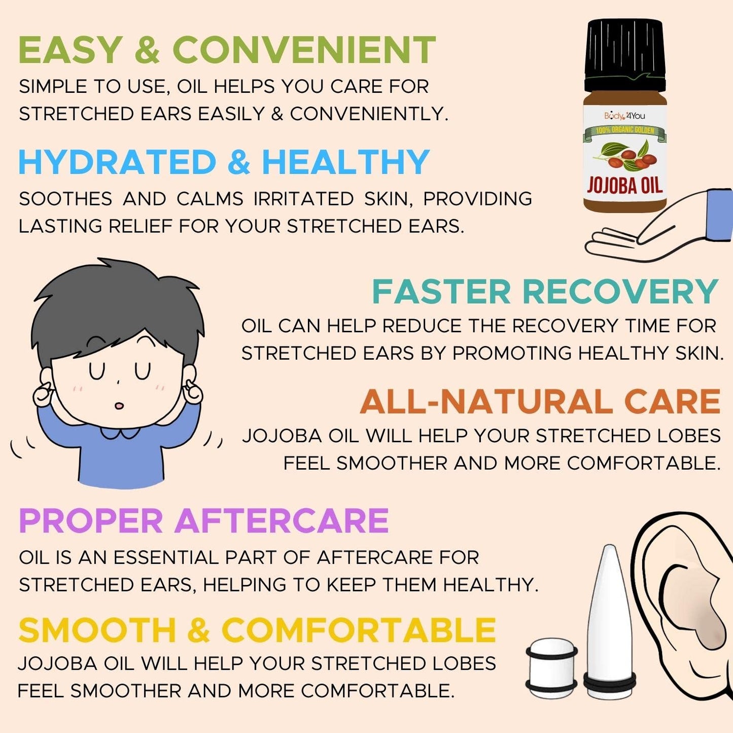 BodyJ4You Organic Jojoba Oil Piercing Aftercare - USDA 100% Pure Cold Pressed Ear Stretching Oil - Gauge Care Nose Septum Cartilage Tragus Navel - Natural Skin Recovery Moisturizer Vegan - 0.17 Fl Oz