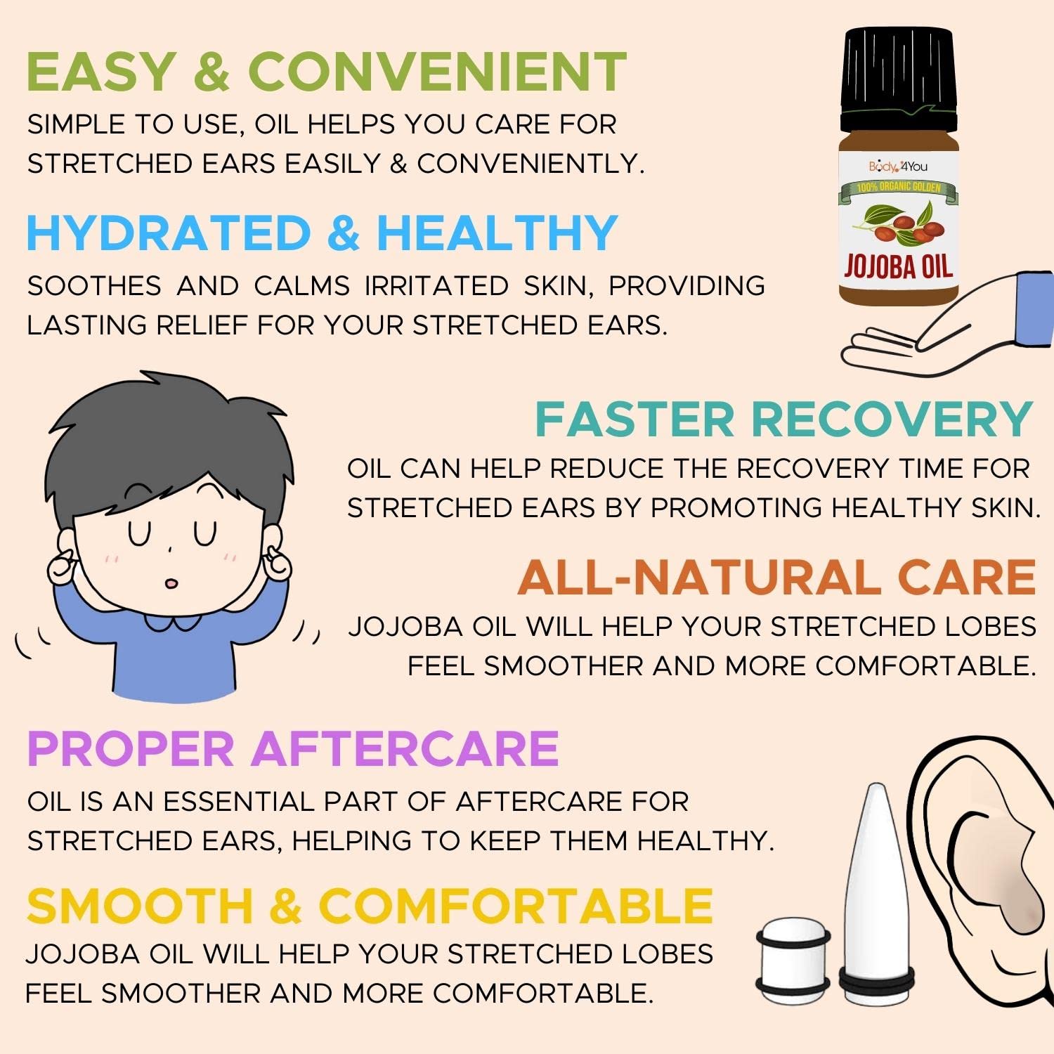 BodyJ4You Organic Jojoba Oil Piercing Aftercare - USDA 100% Pure Cold Pressed Ear Stretching Oil - Gauge Care Nose Septum Cartilage Tragus Navel - Natural Skin Recovery Moisturizer Vegan - 0.17 Fl Oz