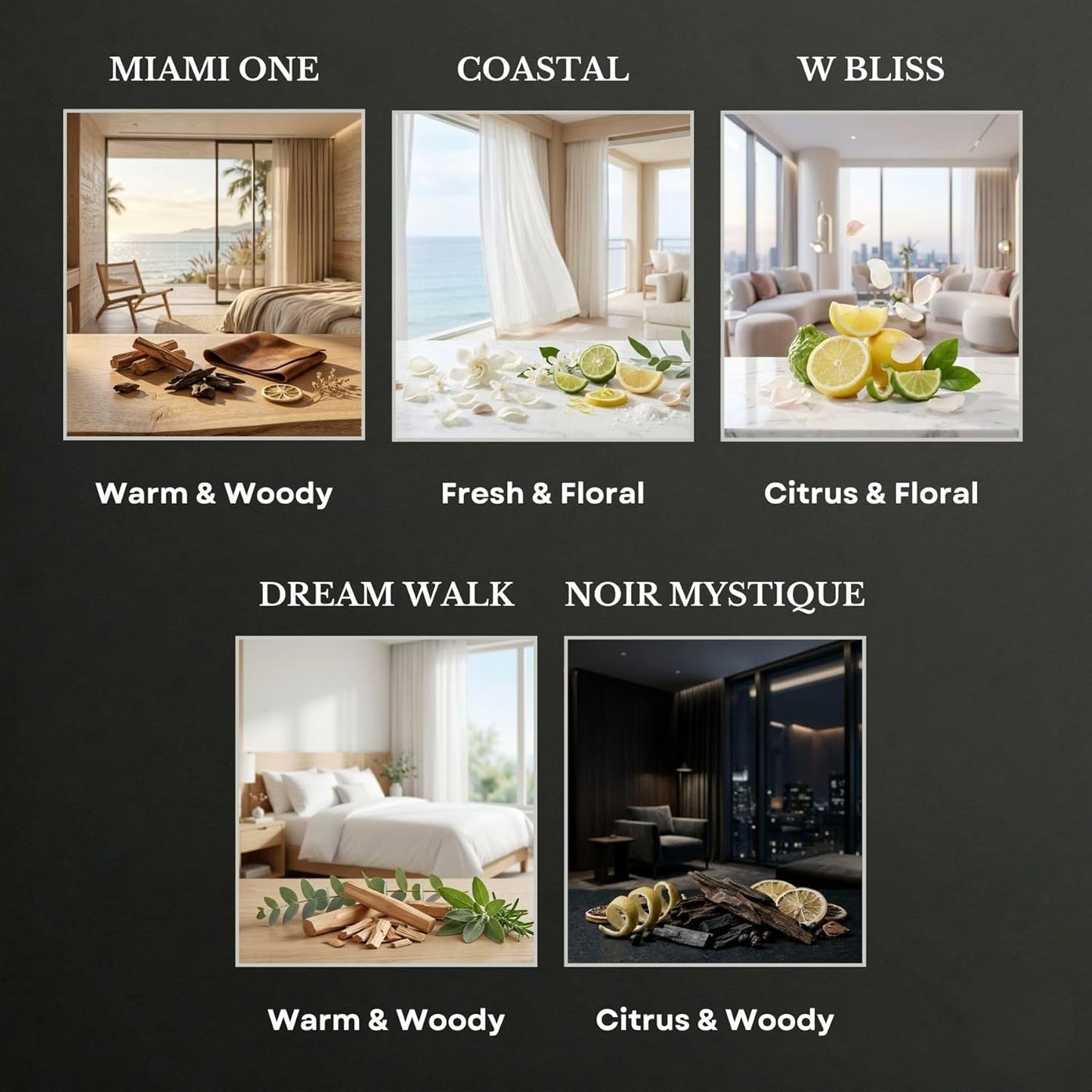 Scentia Luxury Diffuser Essential Oils Set – 5x20ml Discovery Collection, Miami One (Inspired by 1 Hotel Miami, Formerly My Way) Coastal (Formerly Cabana) & White Tea Spa Fragrance