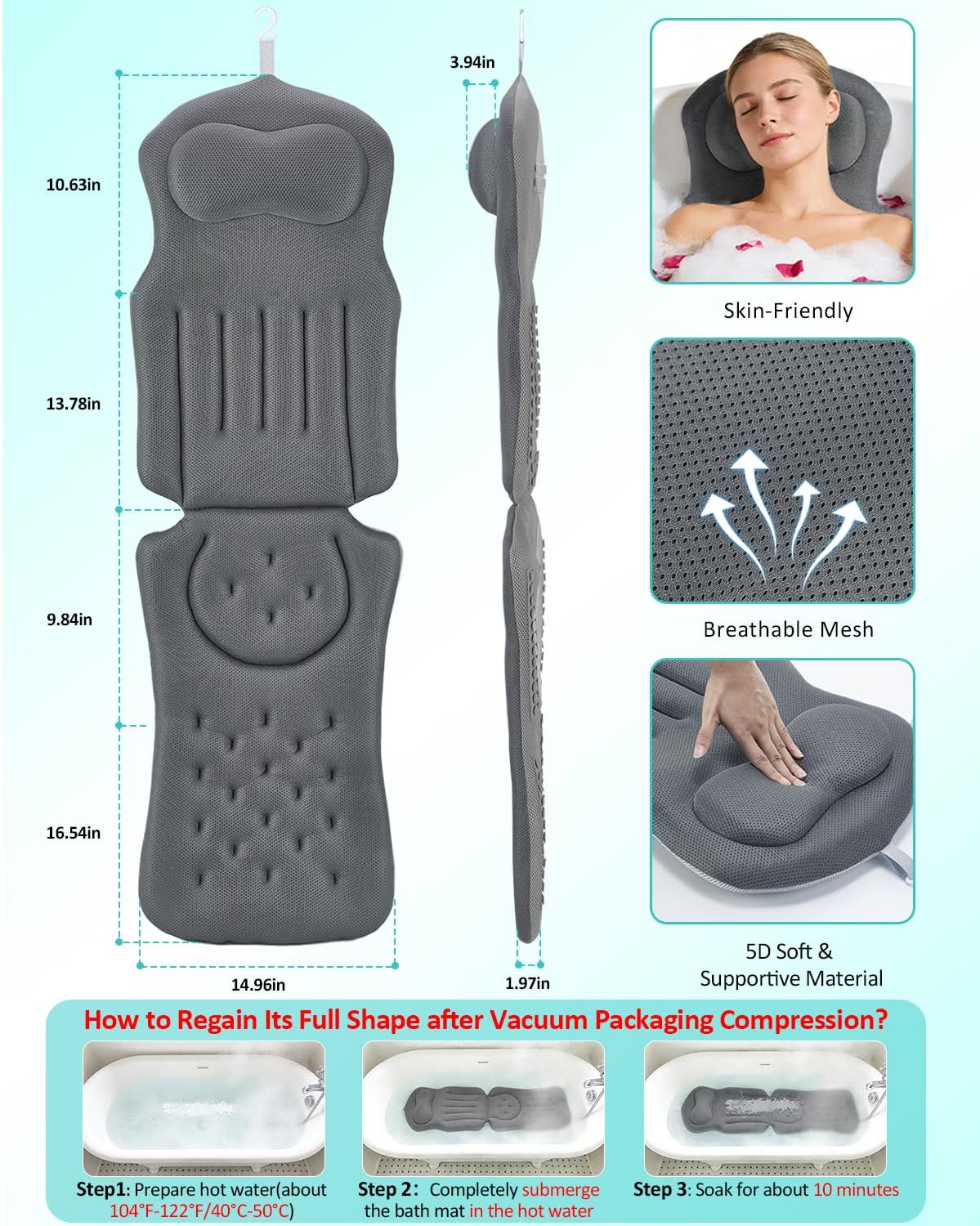 Full Body Bath Pillow for Bathtub, 5D Thick Tub Pillow for Bathtub with 192 Non-Slip Suction Cups, Laundry Bag & Hook, Bathtub Pillow for Head, Neck & Back Support (Gray, 51"*15")