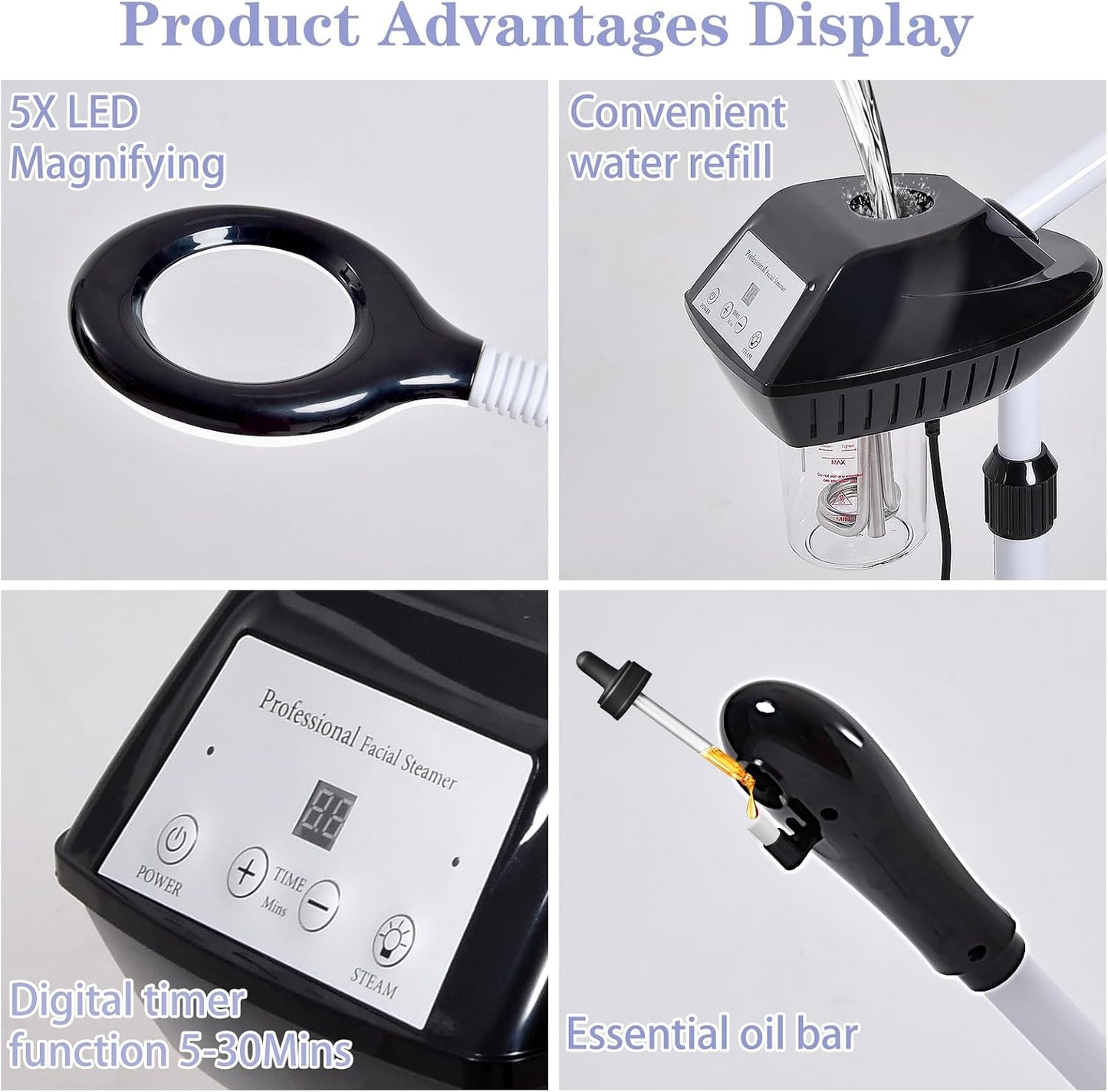 Professional Facial Steamer, 2 in 1 Face Steamer on Wheels with 5X Magnifying Lamp for Deep Cleansing and Hydration, with Time Setting for Spa, Salon and Home Use