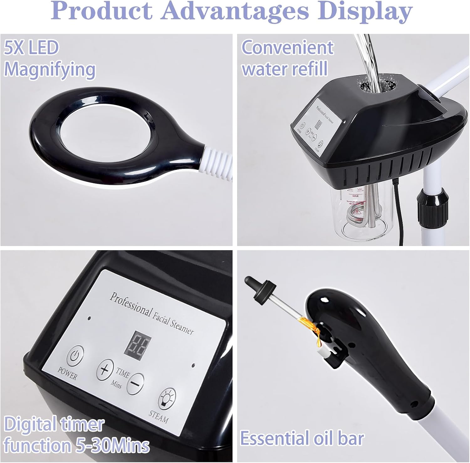 Professional Facial Steamer, 2 in 1 Face Steamer on Wheels with 5X Magnifying Lamp for Deep Cleansing and Hydration, with Time Setting for Spa, Salon and Home Use