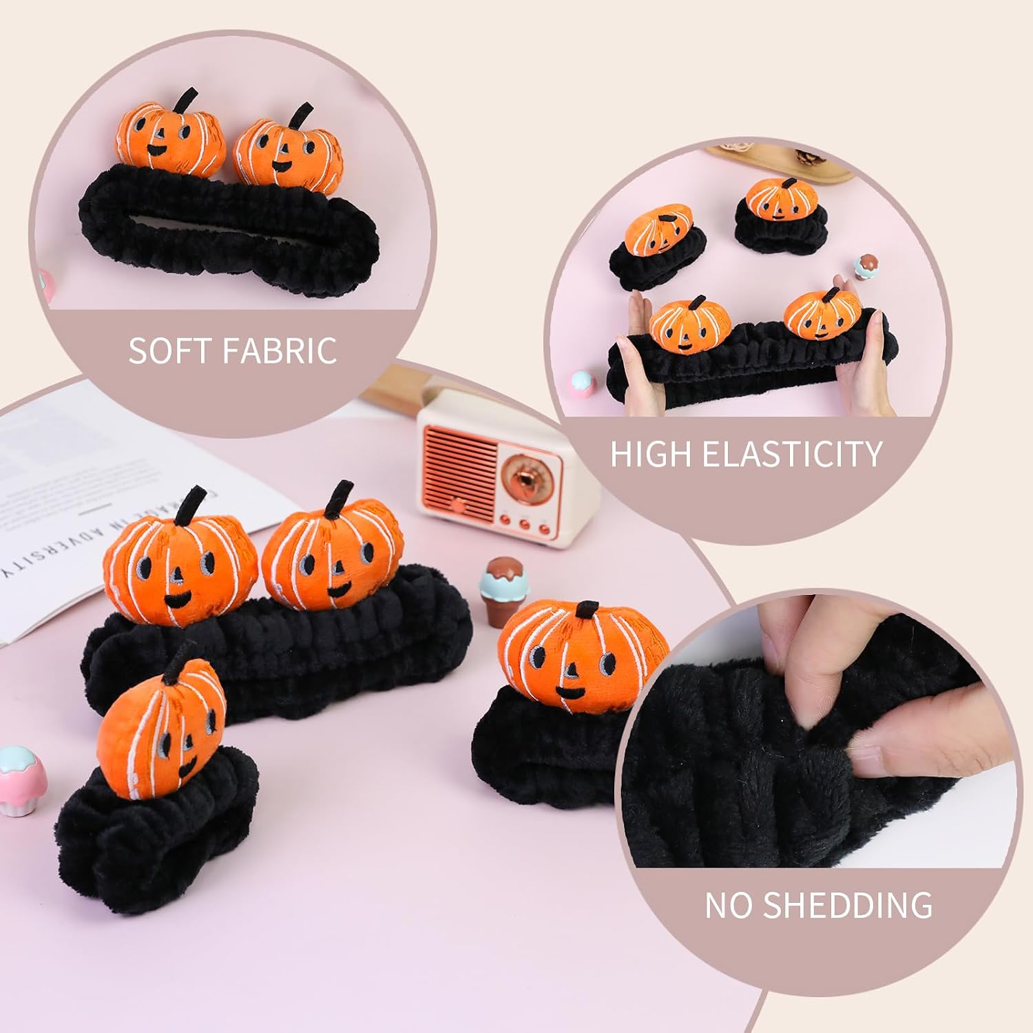 Kawaii Spa Headband and Wristband Set for Women Girls, Cute Halloween Skincare Headbands for Face Washing, Fluffy Makeup Headband for Washing Face, Bath, Shower and Beauty, Black Pumpkin