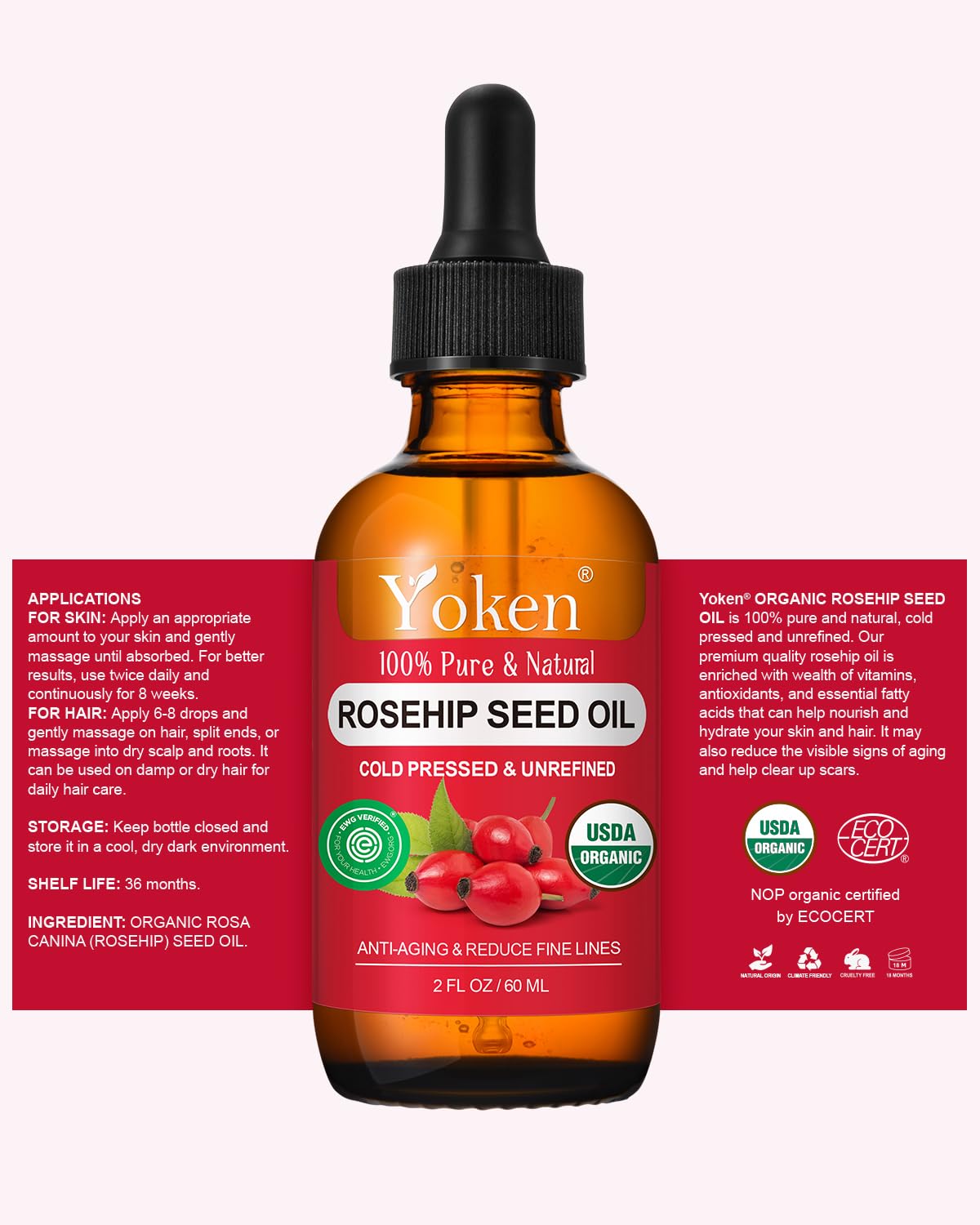 Yoken Organic Rosehip Seed Oil for Face, 100% Pure and Natural Cold Pressed Unrefined Rosehip Oil Carrier for Skin, Hair & Nails - Lightweight, Fast-Absorbing (2 fl oz)