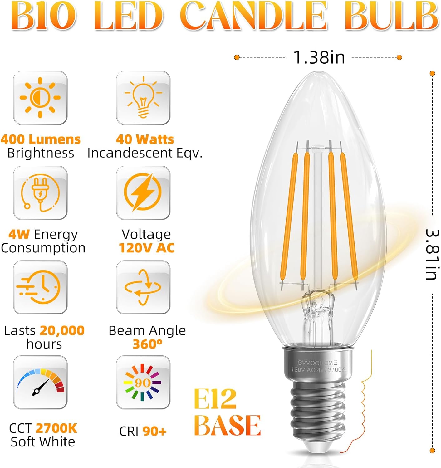 GvvooHome E12 Candelabra Bulb 40 watt Equivalent, E12 LED Bulb Non-Dimmable Chandelier Light Bulbs, B10 Candle Light Bulbs 2700K Soft White, 90+CRI, 400LM, Cear Glass, 12 Pack