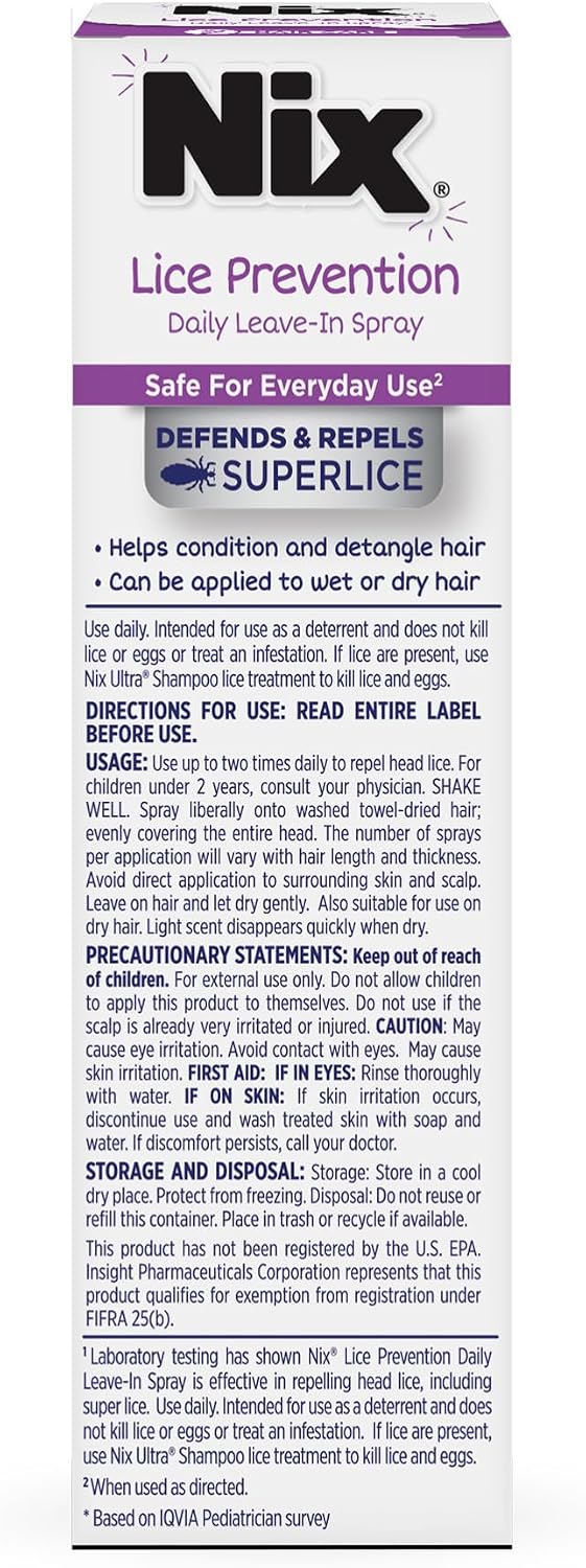 Nix Lice Prevention Daily Leave-In Spray for Kids, Long-Lasting Protection, Repels Superlice, 6 Fl Oz
