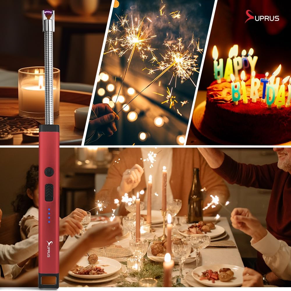 SUPRUS Rechargeable Candle Lighter Electric Arc Triple Safety Long Lighter Stainless Steel Shell & Hanging Hook (Red)