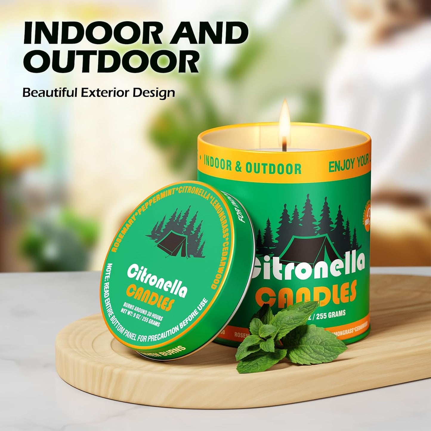 4 Pack Citronella Candles, 9oz Natural Soy Wax Scented Candles for Outdoor, Patio, Camping, and Garden, Long Lasting Portable Candles in Tin Container, Summer Party Ambiance