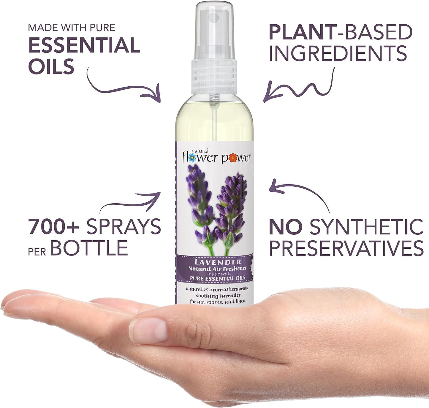 Natural Flower Power Air Freshener Spray - Odor Eliminator with Essential Oils for the Home, Car & Fabric - Cruelty Free & Vegan - 3 Pack - Lavender - 3 x 4 oz