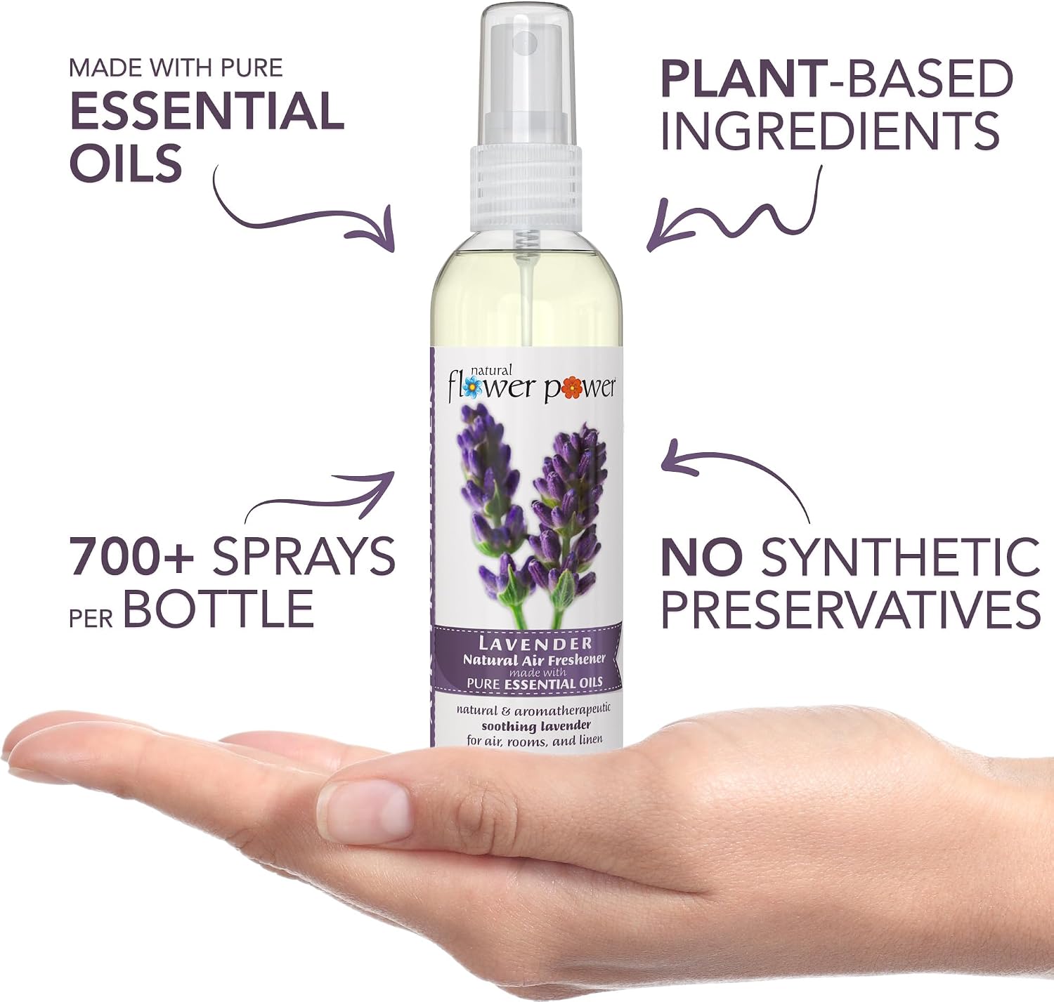 Natural Flower Power Air Freshener Spray - Odor Eliminator with Essential Oils for the Home, Car & Fabric - Cruelty Free & Vegan - 3 Pack - Lavender - 3 x 4 oz