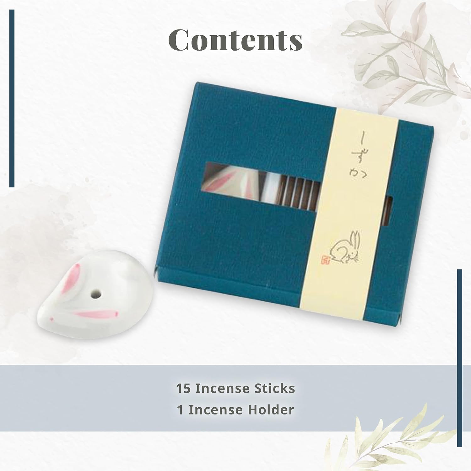 Hasegawa Rabbit Series: Serene Meadow Incense Set - Cedarwood, Oakmoss & Musk - 15 Sticks with Rabbit Stone Holder (15-17 Min Burn Time Each) うさぎスティックセットしずか