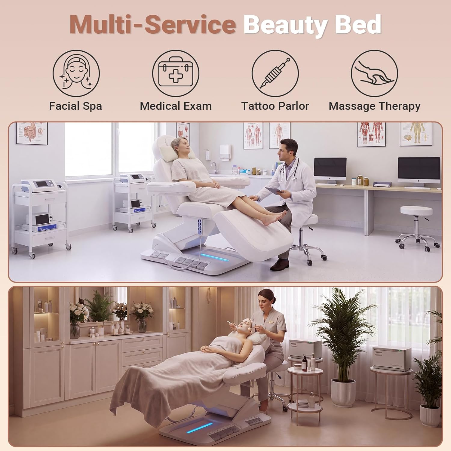 Fully Electric Massage Table, 3 Motor Adjustable Electric Esthetician Bed w/Dual-Side Foot Pedals, Handheld Remote & LED Light for Beauty Tattoo Spa Medical Treatment, Stool Included, White