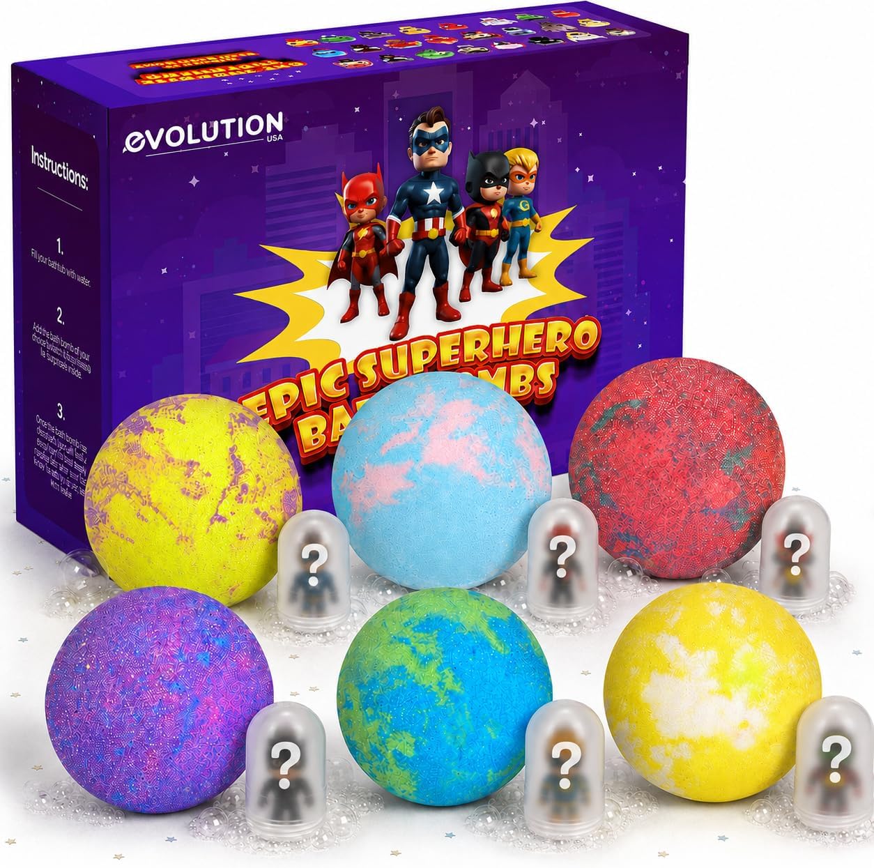 EvolutionUSA 6 Purple Epic Superhero Bath Bombs for Kids – Childrens Super Hero Bath Bombs Toy, Organic Bathbomb with Surprise, Superhero Bath Fizzers, Fun Bathbombs Birthday, Christmas, Easter