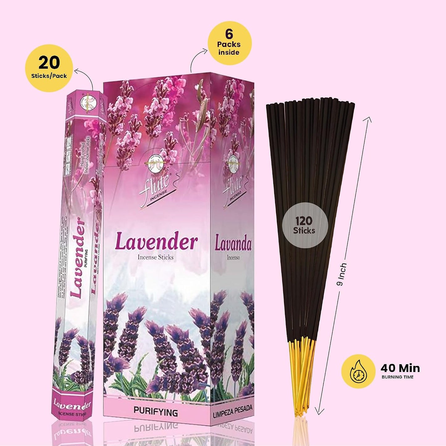 Flute Lavender Incense Sticks – Calming Natural Lavender Incense for Relaxation, Better Sleep & Peaceful Home Ambience - 20 Sticks/Pack, 6 Packs/Box(9 inch -120 Sticks) | 40 Mins Burning time
