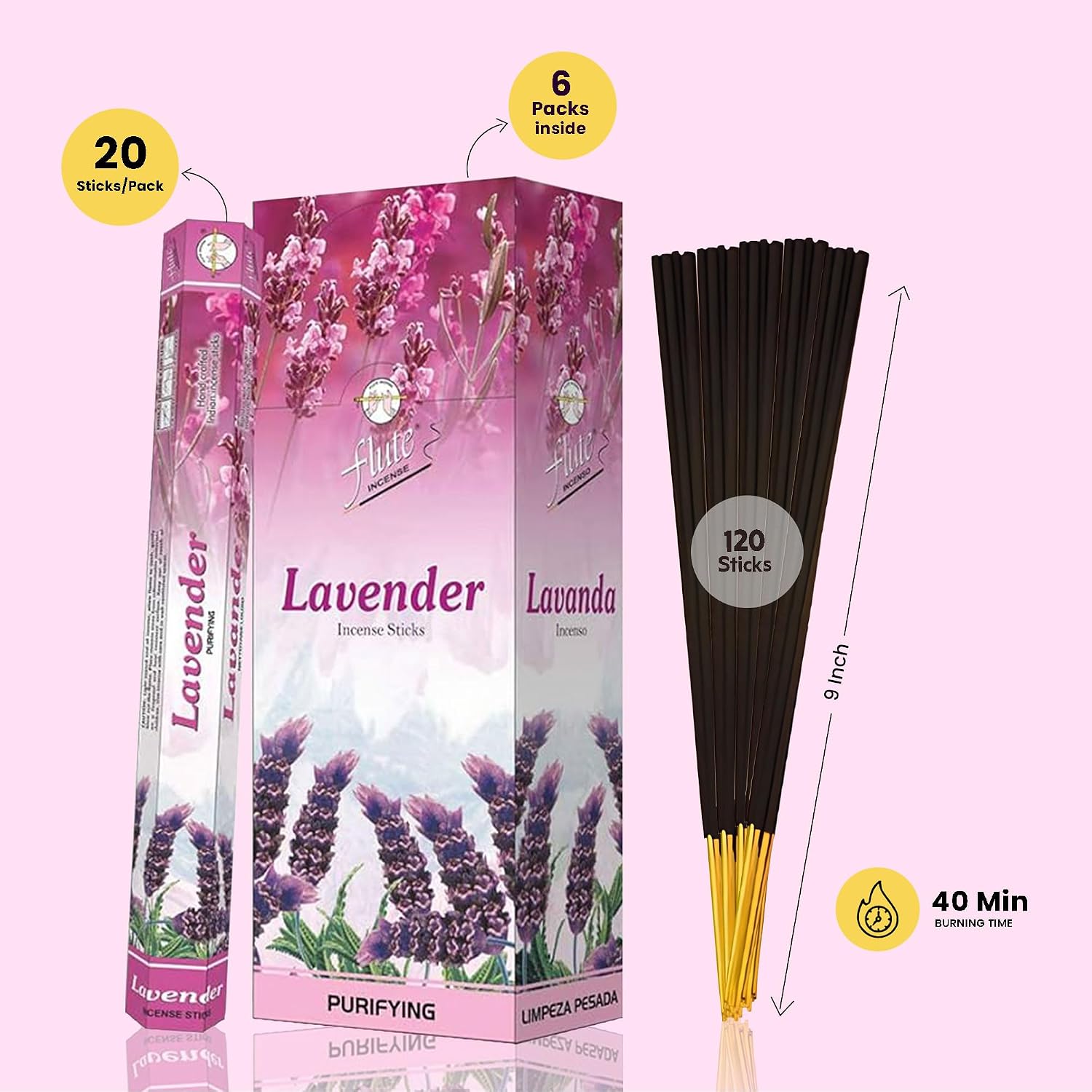 Flute Lavender Incense Sticks – Calming Natural Lavender Incense for Relaxation, Better Sleep & Peaceful Home Ambience - 20 Sticks/Pack, 6 Packs/Box(9 inch -120 Sticks) | 40 Mins Burning time